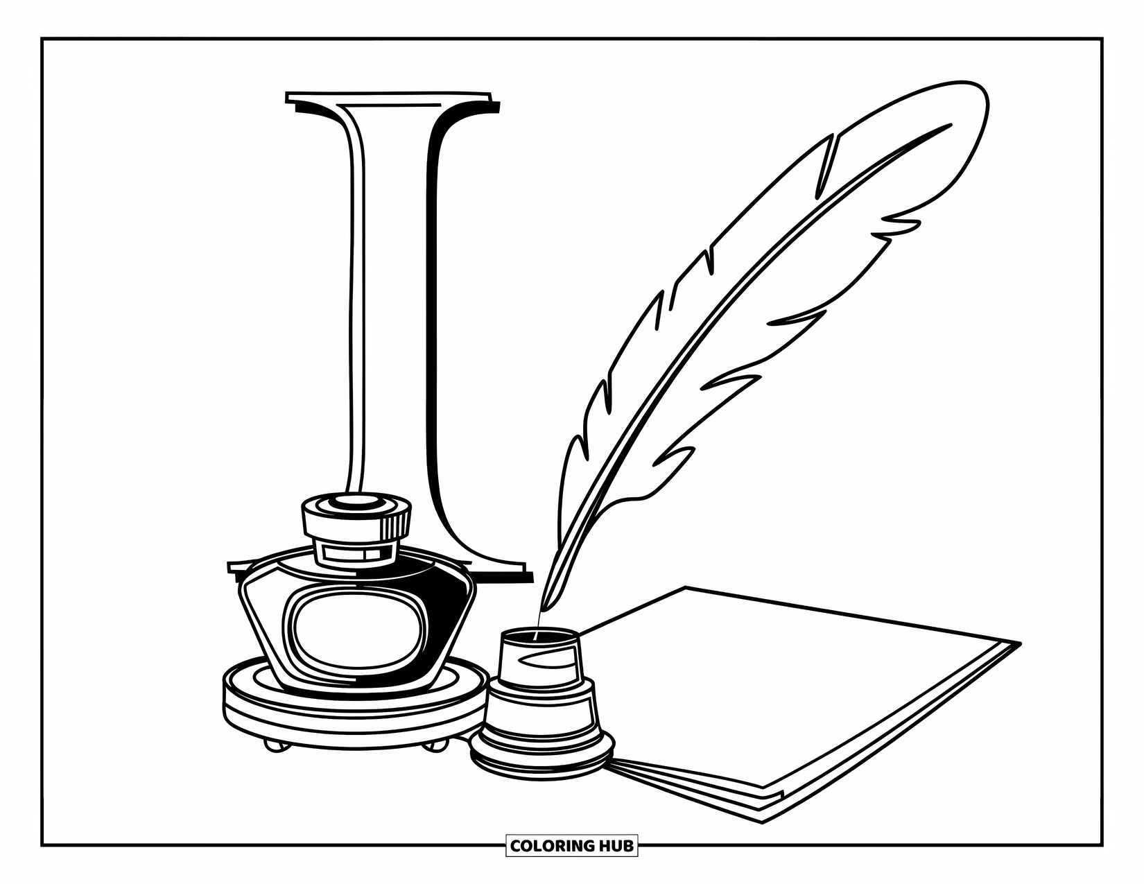 Letter I Coloring Page for Kids: A dipping quill, ink bottle, and letter “I” rest on a wooden stand