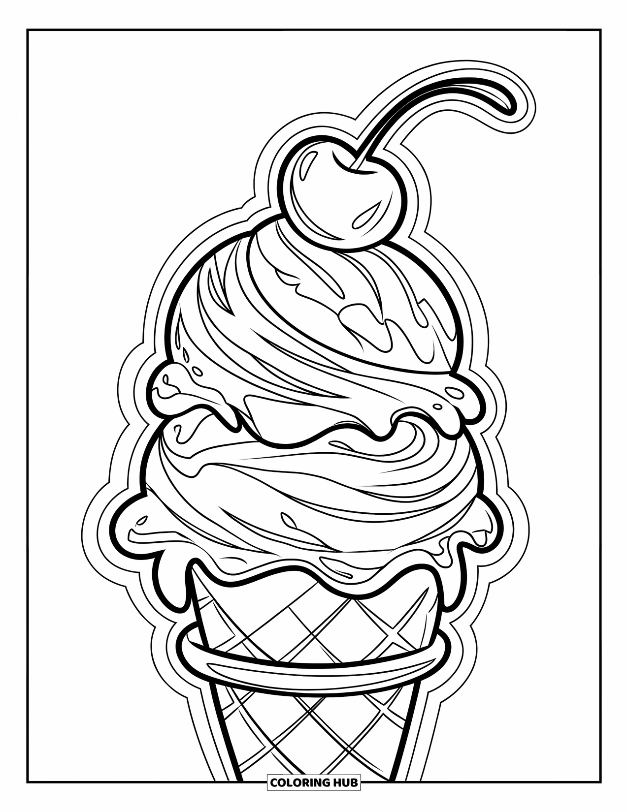 Letter I Coloring Page for Kids: A dynamic three-scoop cone with a juicy cherry swirls playfully