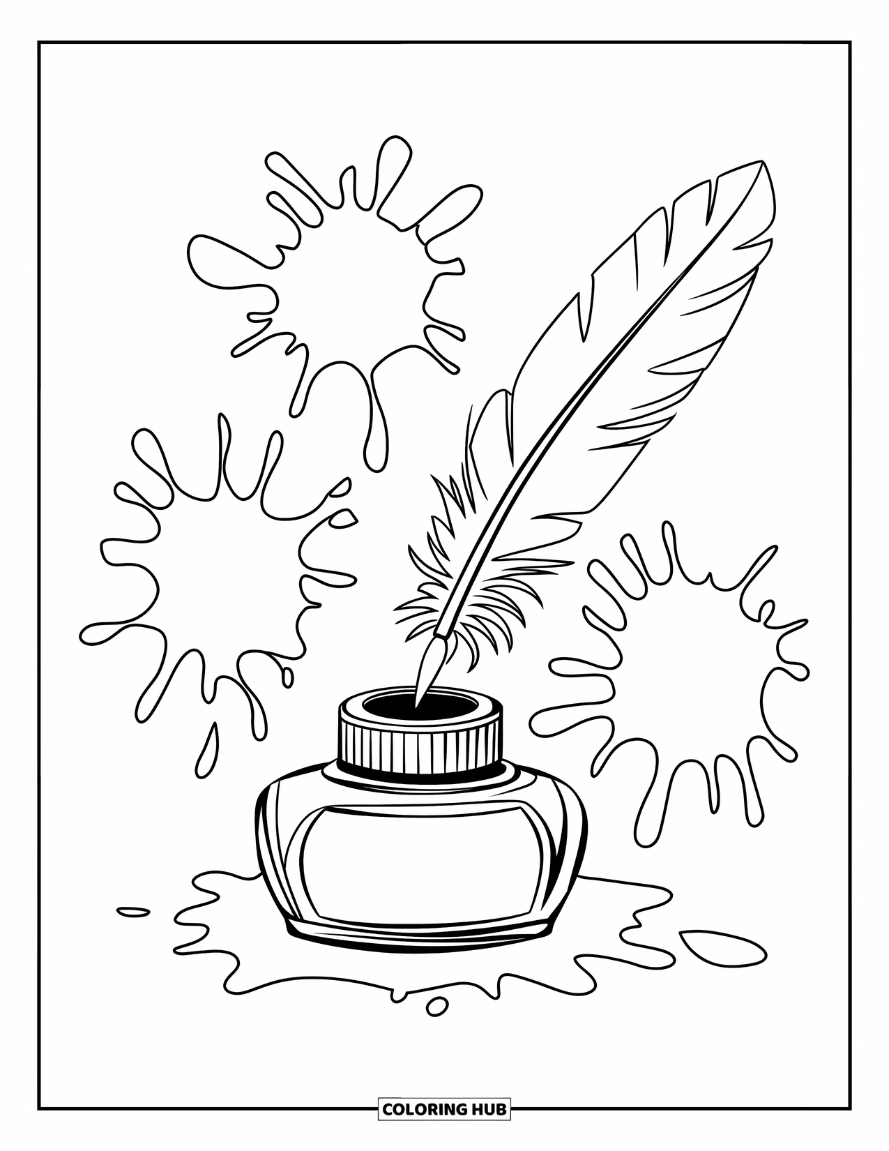 Letter I Coloring Page for Kids: A feather quill and ink bottle sit beside playful splatters and droplets
