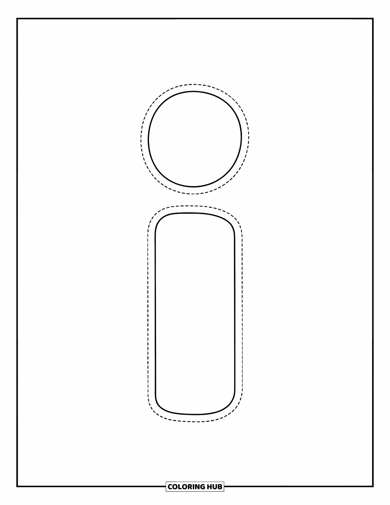 Letter I Coloring Page for Kids: A friendly lowercase i with dotted lines invites tracing fun
