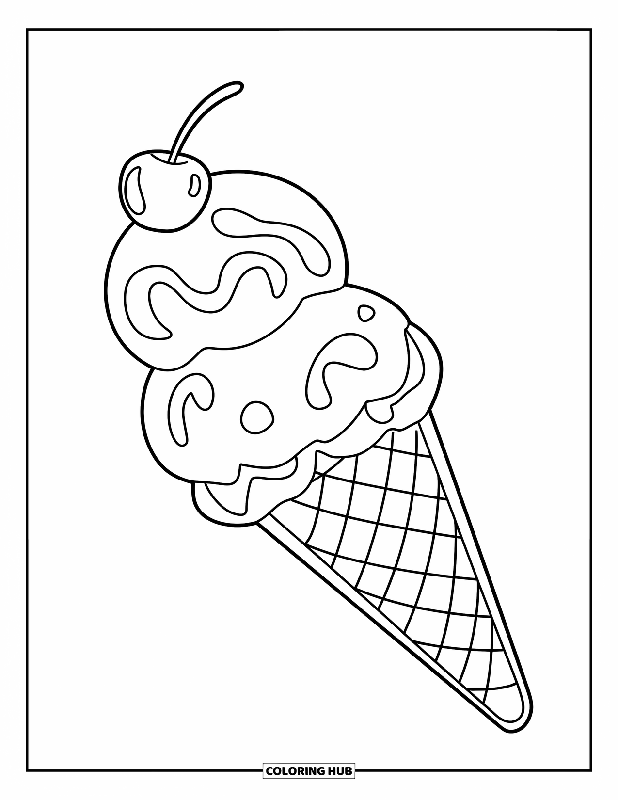 Letter I Coloring Page for Kids: A fun three-scoop ice cream cone has a cherry and stick on top