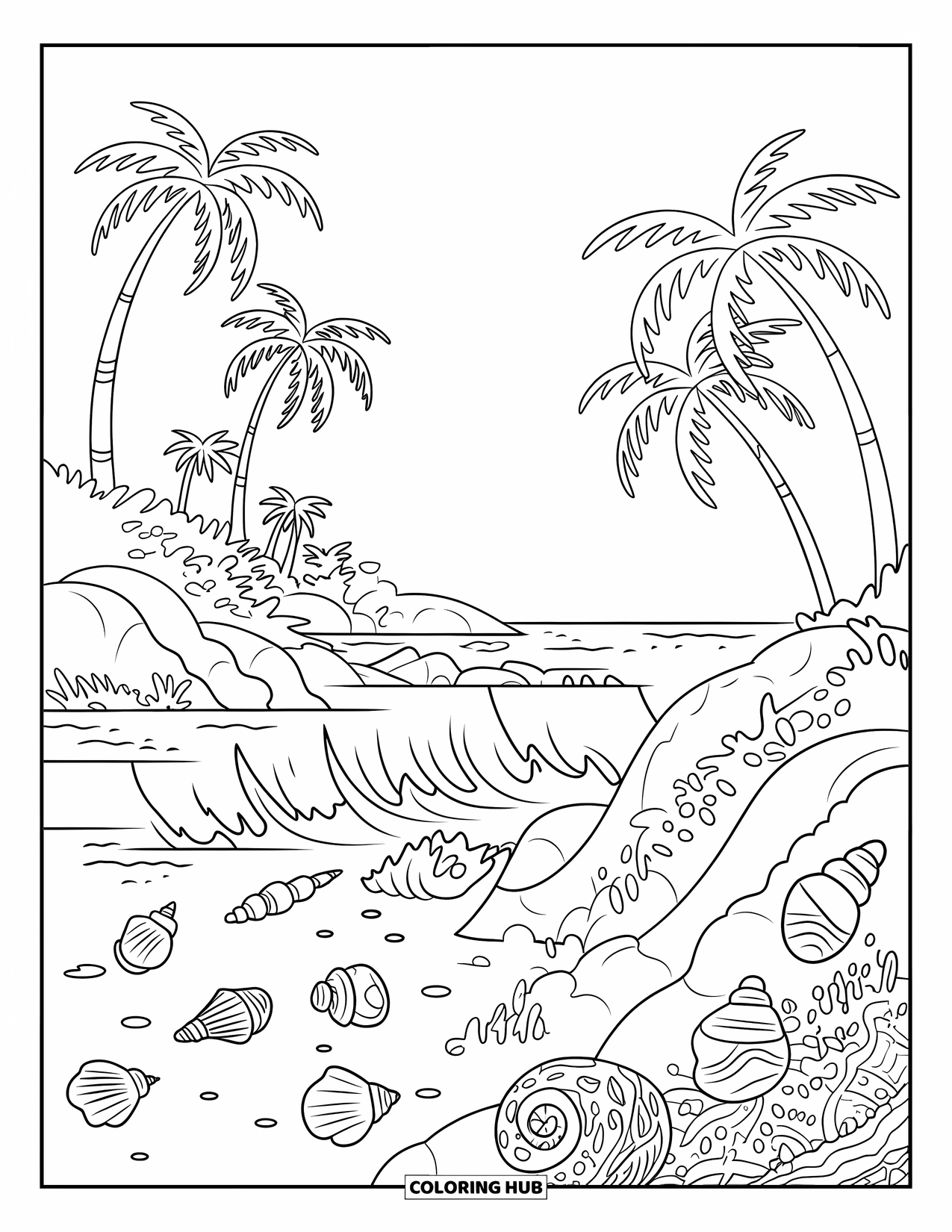 Letter I Coloring Page for Kids: A modern tropical scene shows palm trees and waves near scattered shells