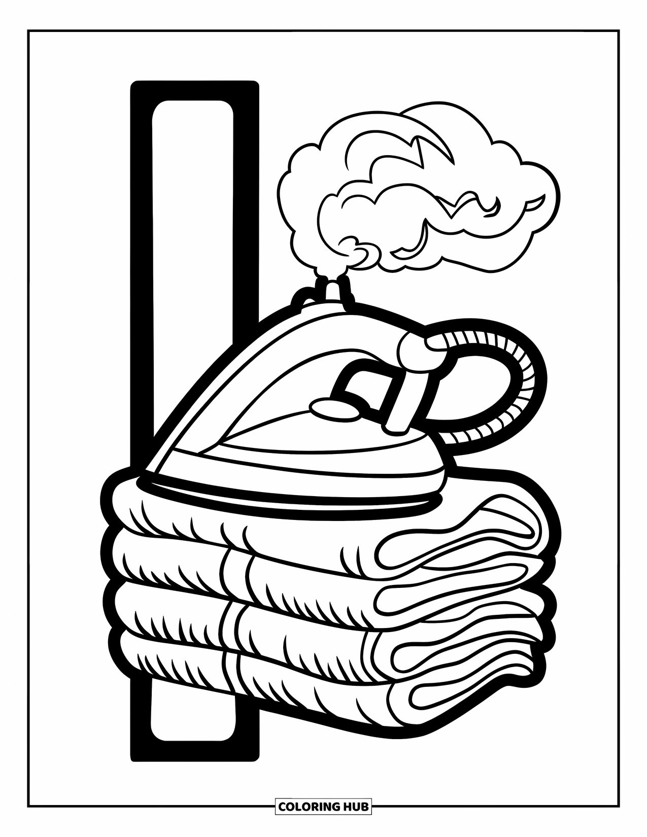 Letter I Coloring Page for Kids: A neat stack of shirts and a steaming iron form the bold letter I