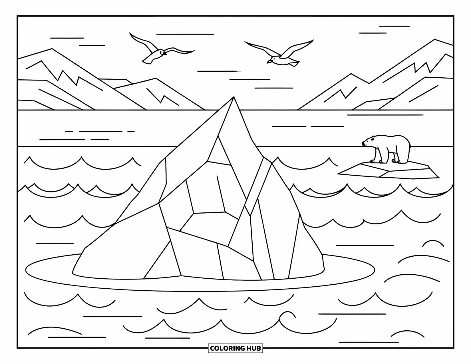 Letter I Coloring Page for Kids: A polar bear stands on a distant iceberg surrounded by waves and flying seagulls