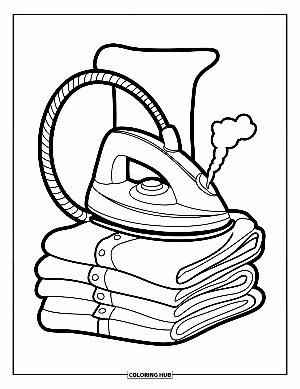 Letter I Coloring Page for Kids: A steaming iron and folded shirts form the shape of the letter I