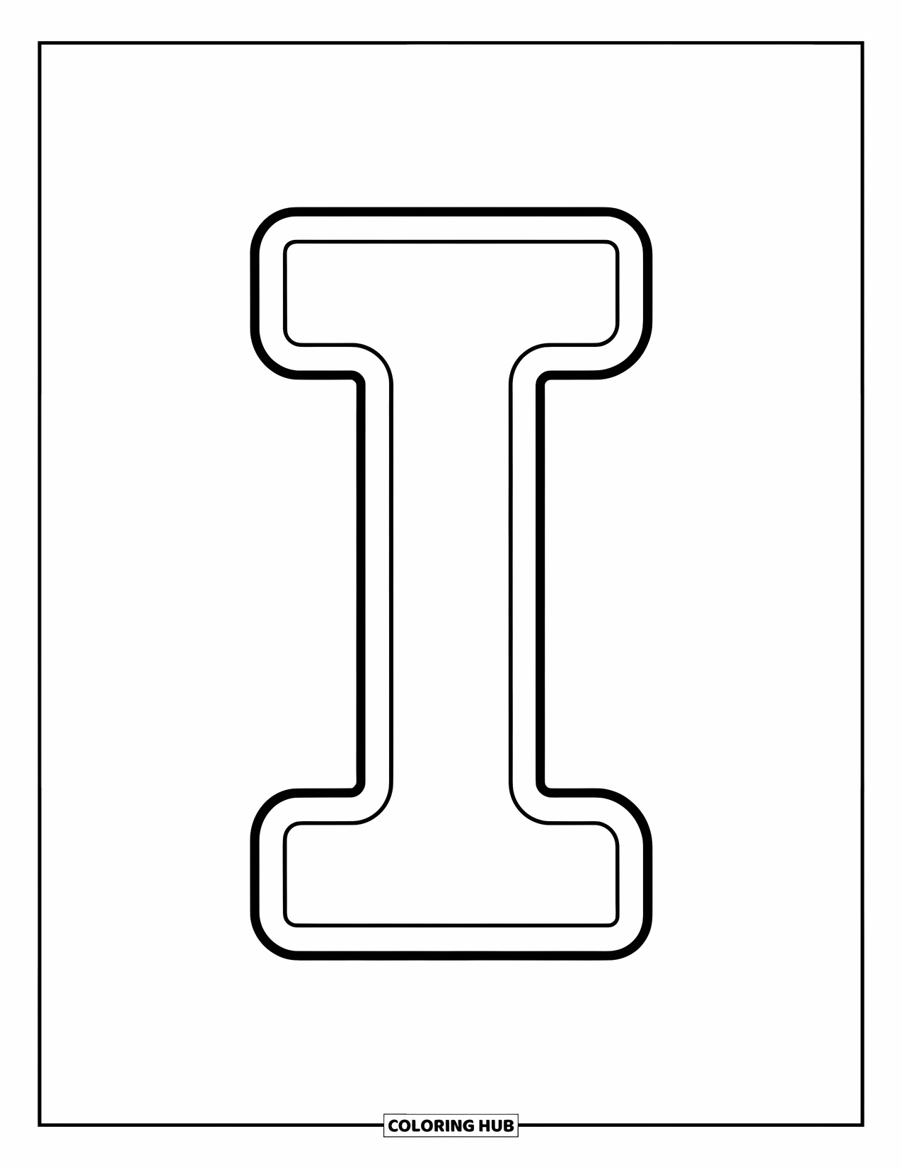 Letter I Coloring Page for Kids: A thick uppercase letter I stands tall in the middle