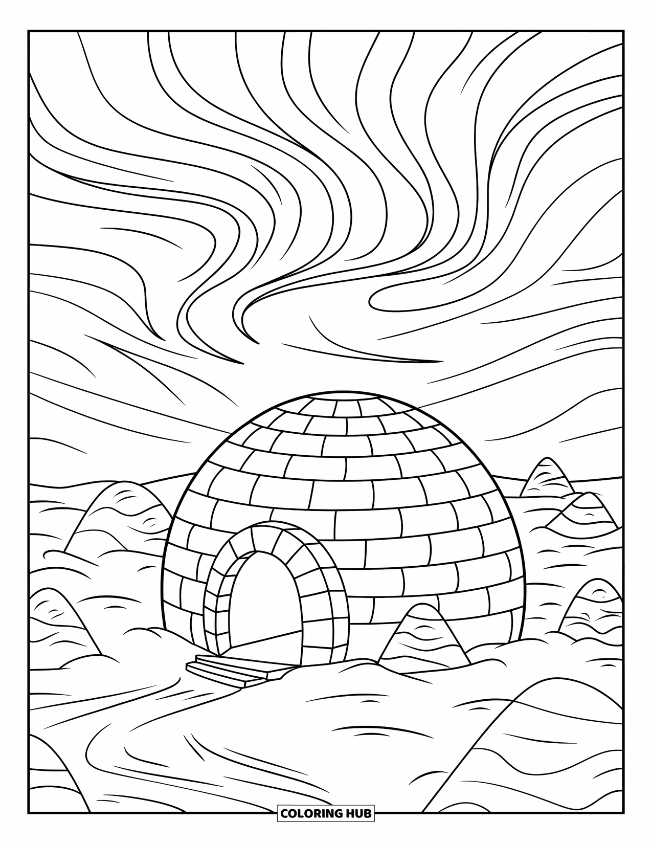 Letter I Coloring Page for Kids: A tiny igloo glows under northern lights, surrounded by icy hills