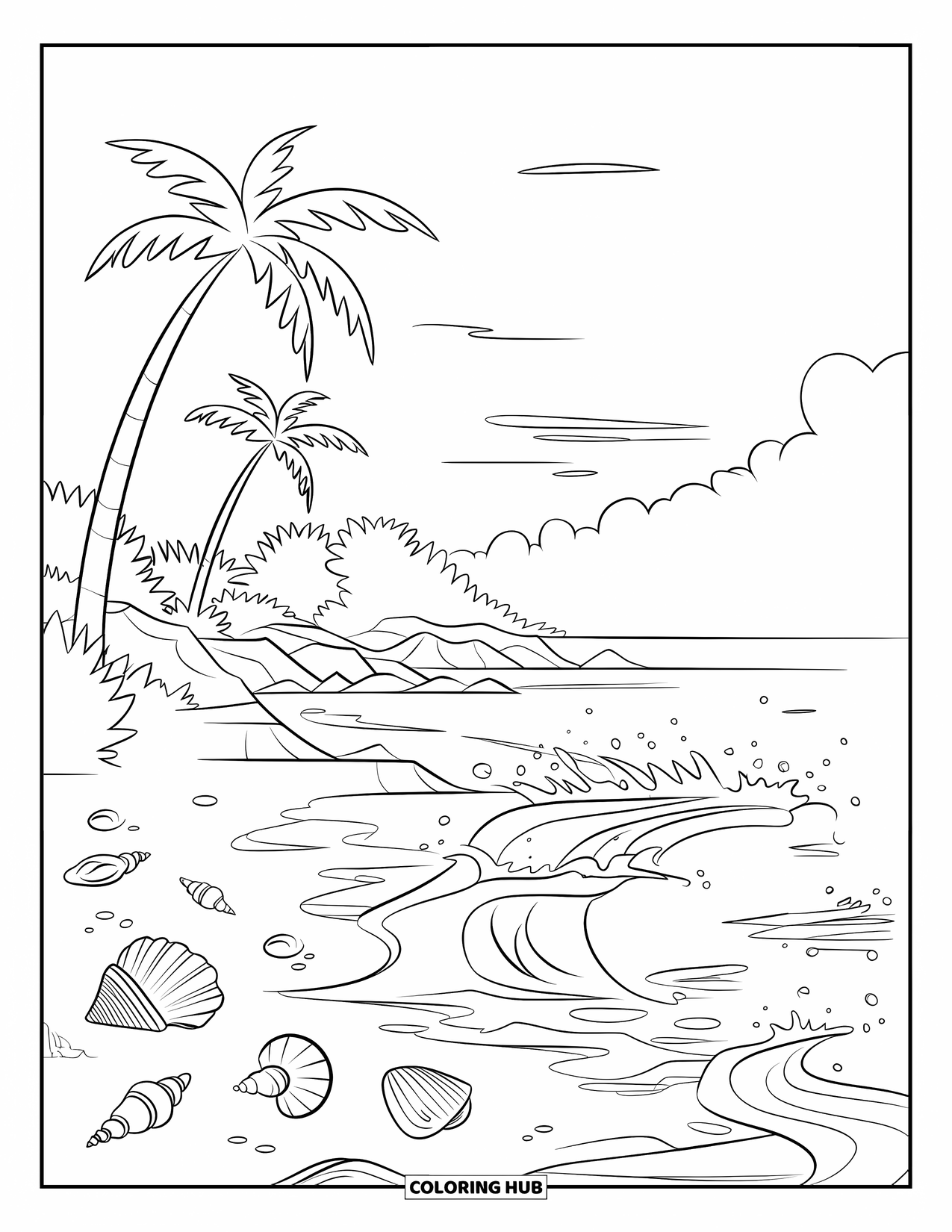 Letter I Coloring Page for Kids: A tropical island shows waves hitting rocks, shells on sand, and tall palm trees