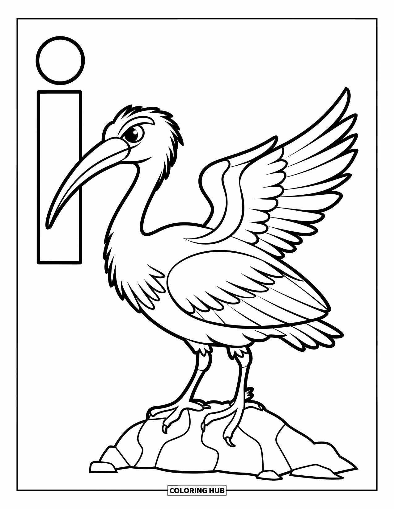 Letter I Coloring Page for Kids: An ibis with curved beak stands on a rock beside the letter I