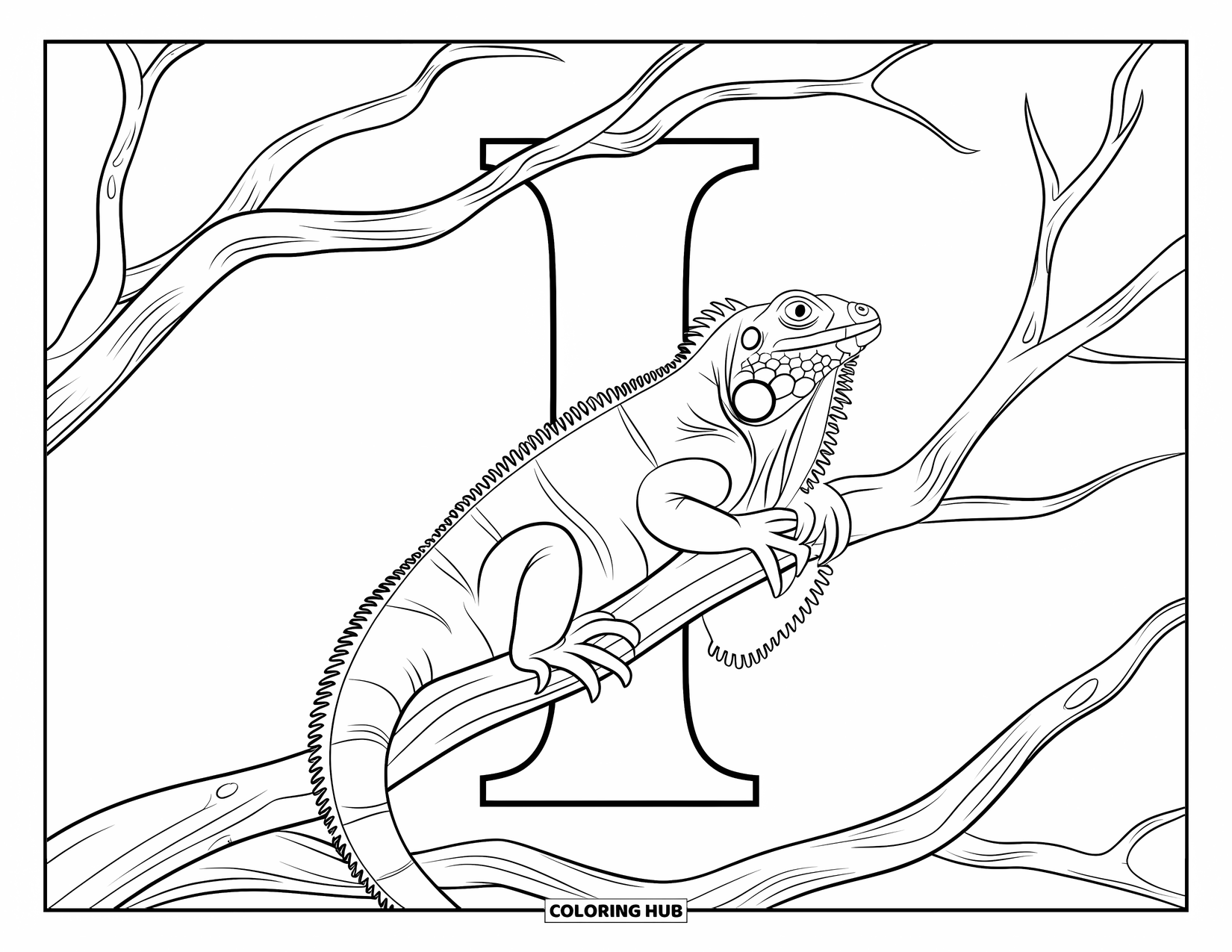 Letter I Coloring Page for Kids: An iguana clings to branches framing a bold letter “I”