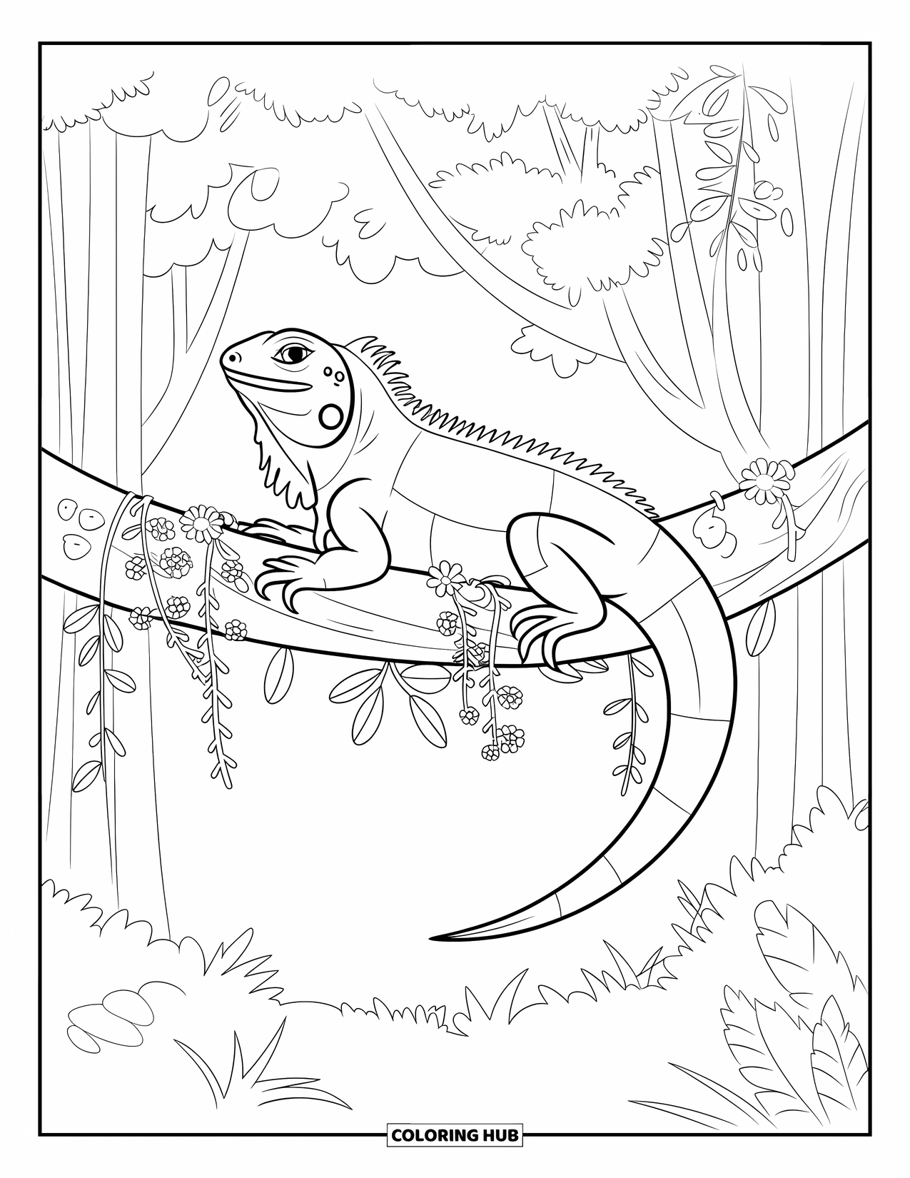 Letter I Coloring Page for Kids: An iguana relaxes upright on a large branch in the jungle