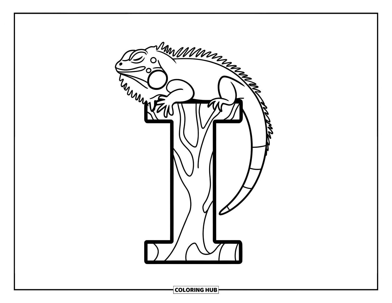 Letter I Coloring Page for Kids: An iguana rests peacefully on tree branches near the letter “I”