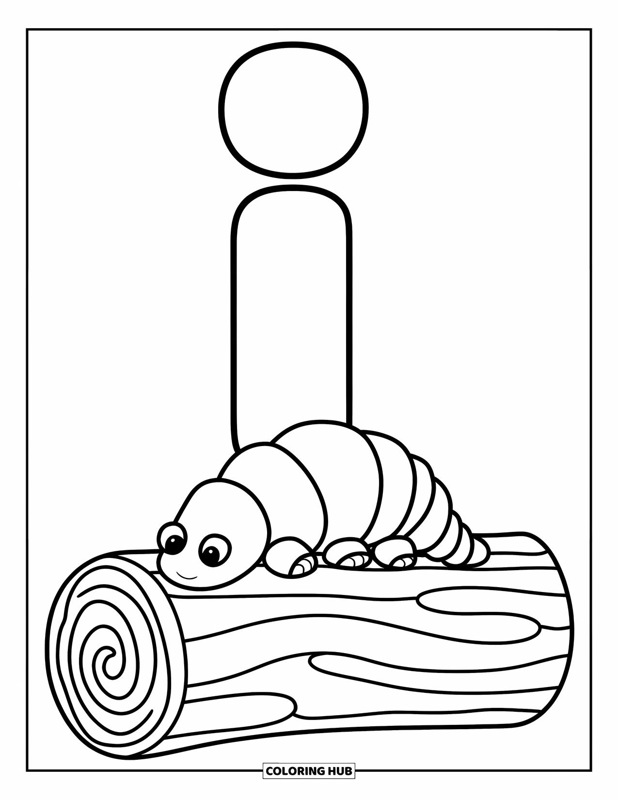 Letter I Coloring Page for Kids: An inchworm moves across a bold log next to the letter I