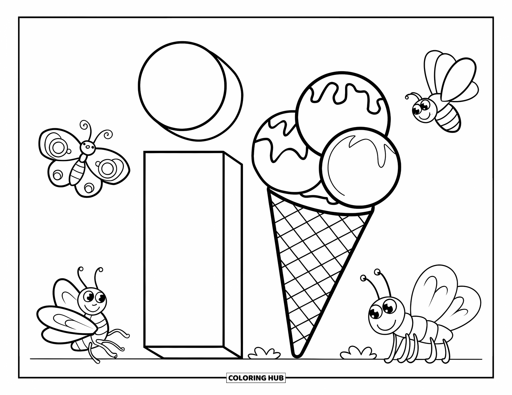 Letter I Coloring Page for Kids: Letters I and i are joined by a butterfly, bee, and a huge ice cream