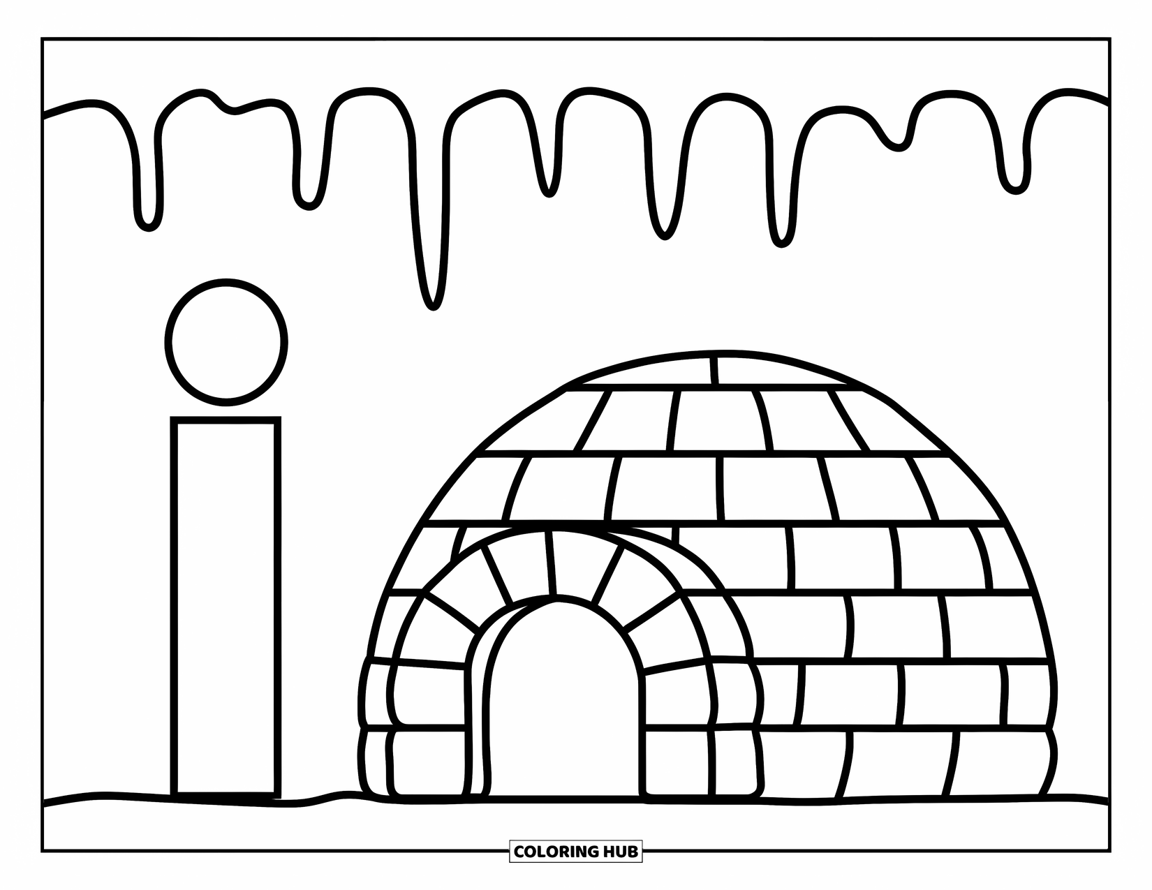 Letter I Coloring Page for Kids: Letters I and i rest near a cozy igloo with icicles and snowy hills