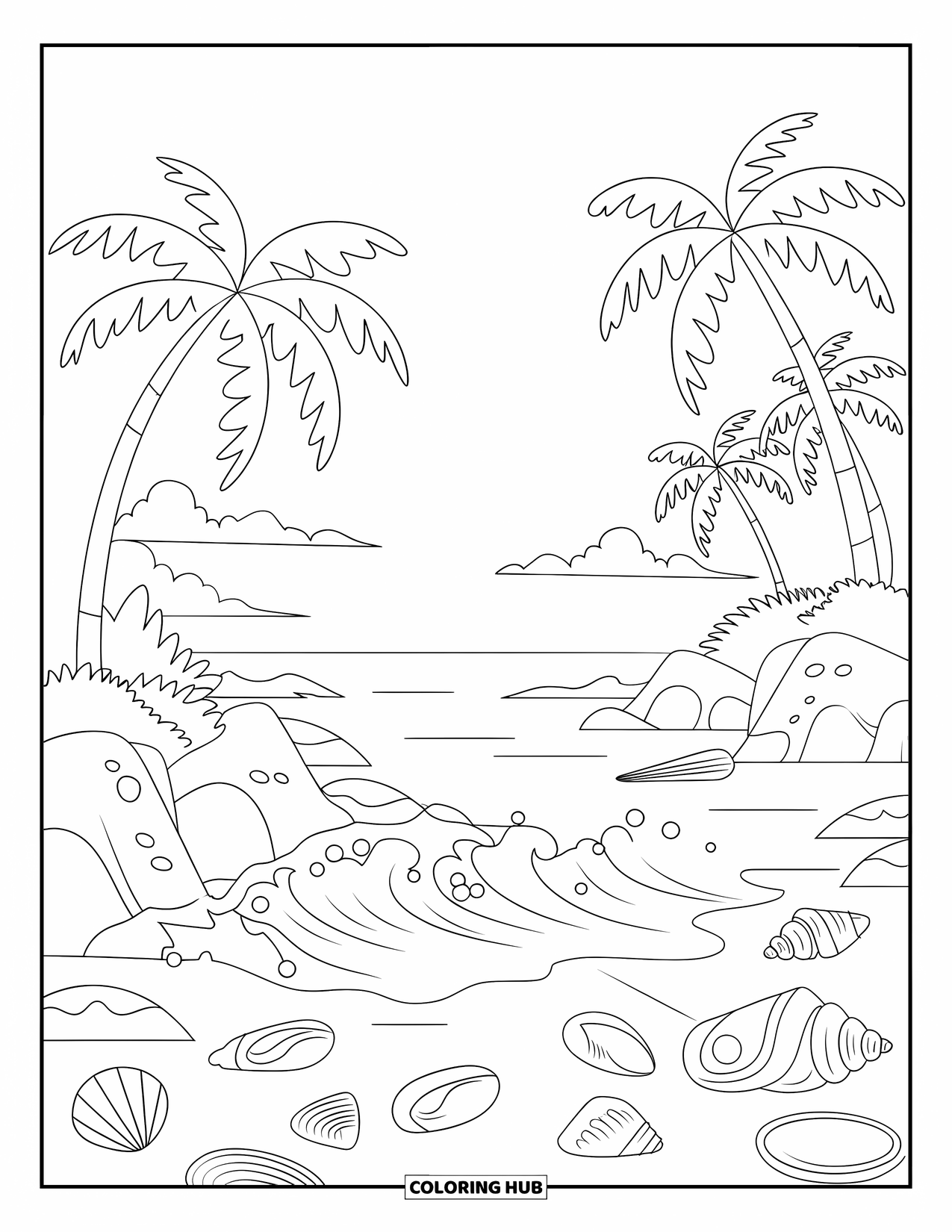 Letter I Coloring Page for Kids: Seashells, waves, and palm trees create a peaceful tropical island scene