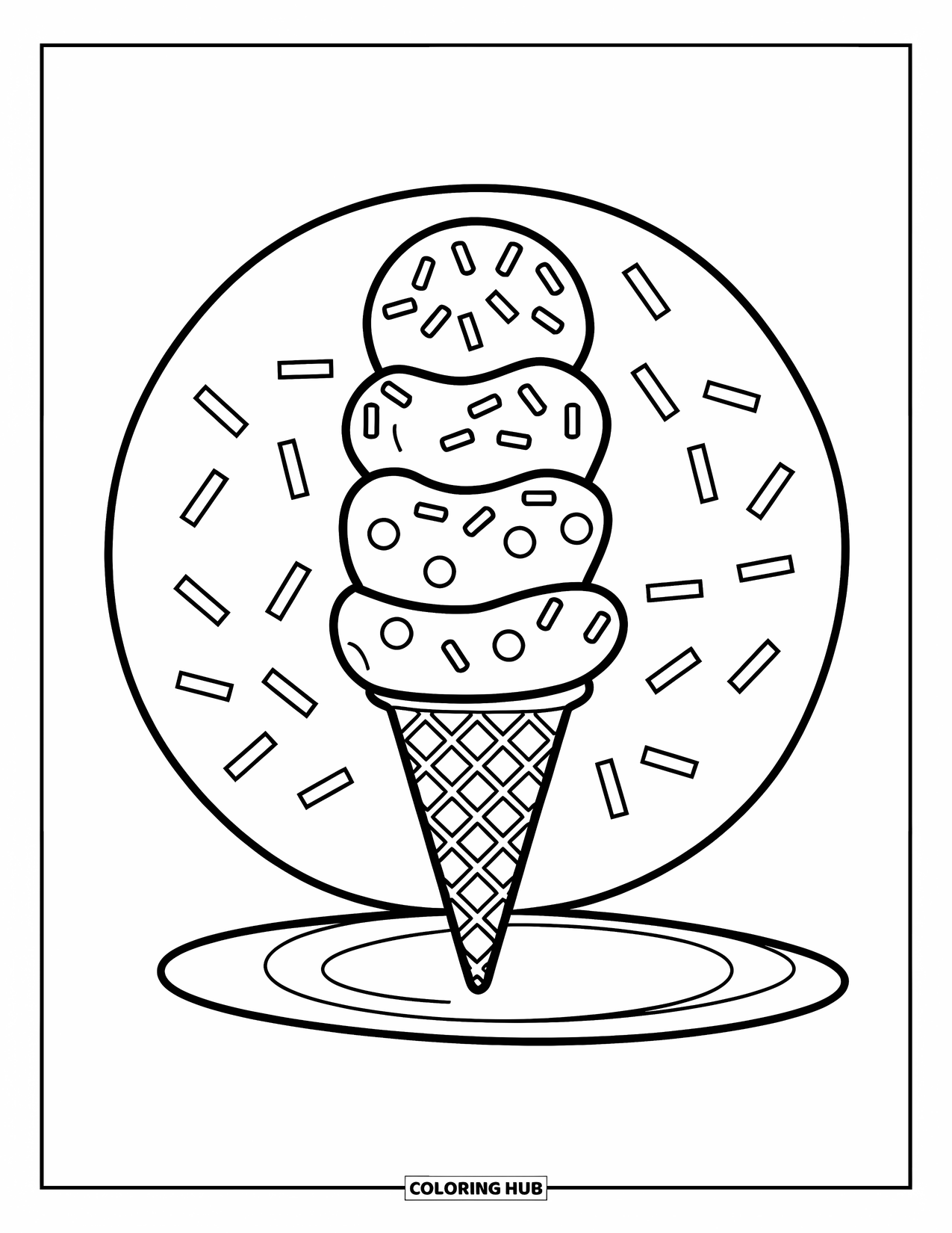 Letter I Coloring Page for Kids: The letter I is stacked with a swirly ice cream cone and colorful sprinkles