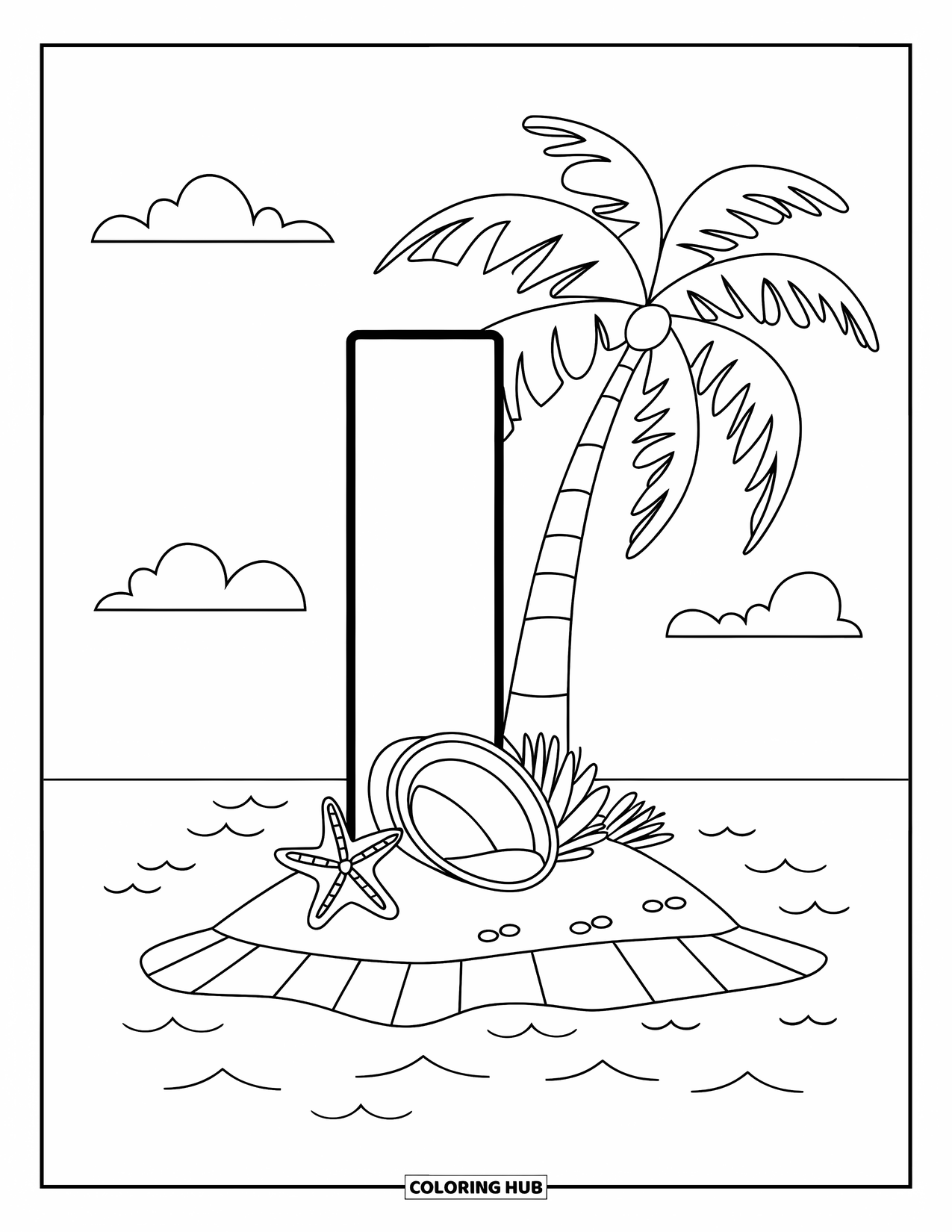 Letter I Coloring Page for Kids: The letter I stands as a tropical island with a coconut tree and seashells