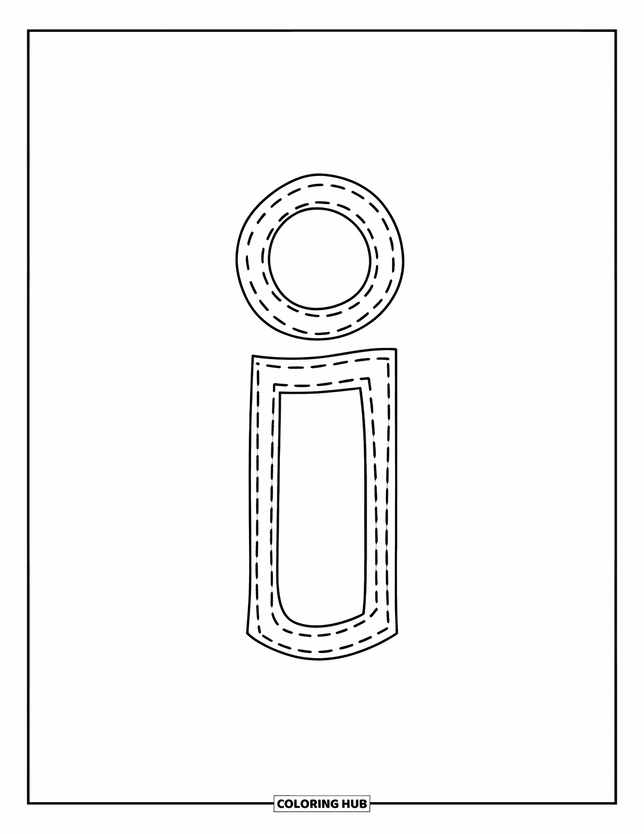 Letter I Coloring Page for Kids: The lowercase i has dotted lines for easy tracing and learning