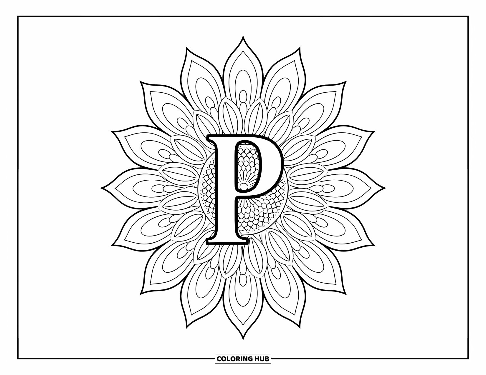Letter P Coloring Page for Adults: A bold letter P rests within sunflower mandala petals, perfect for mindful coloring