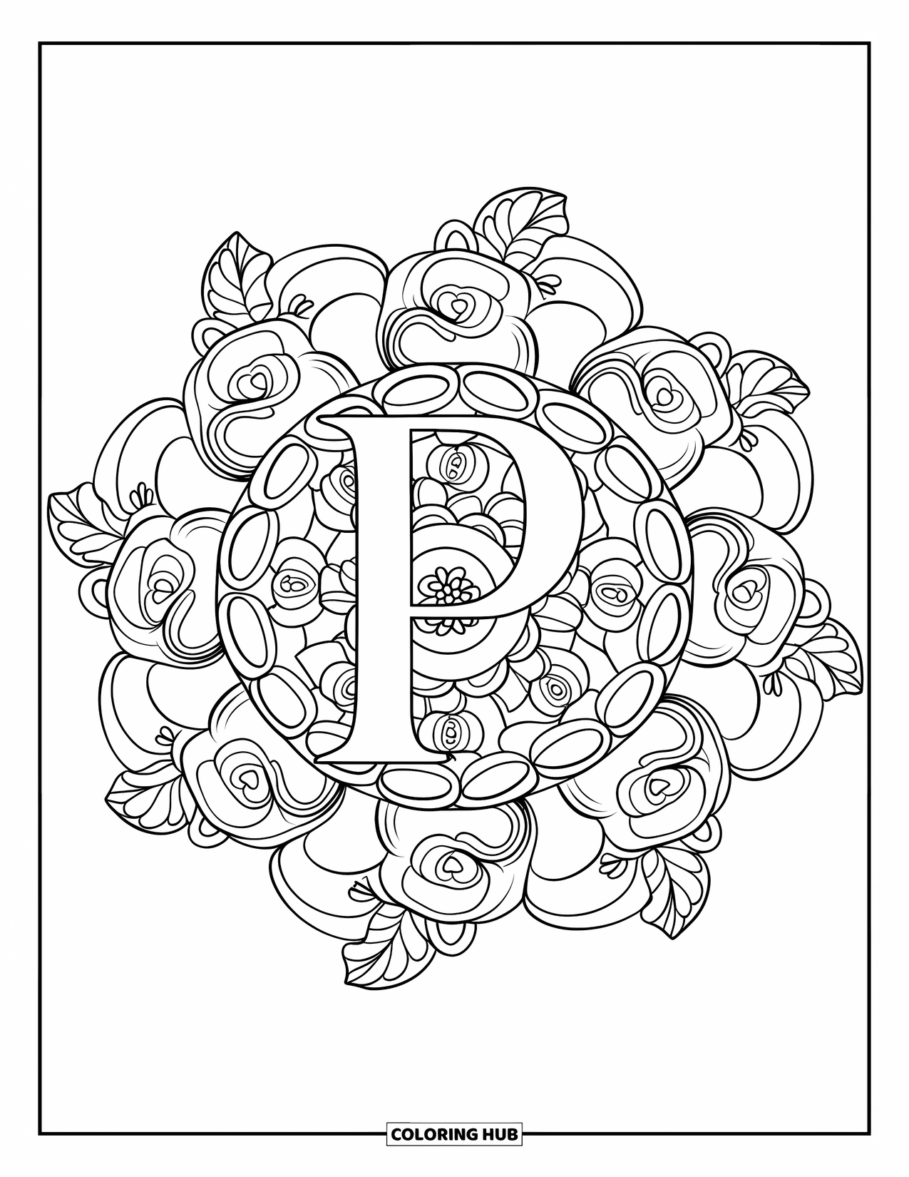 Letter P Coloring Page for Adults: A bold P rests in the center of a mandala made of roses, petals, and vines