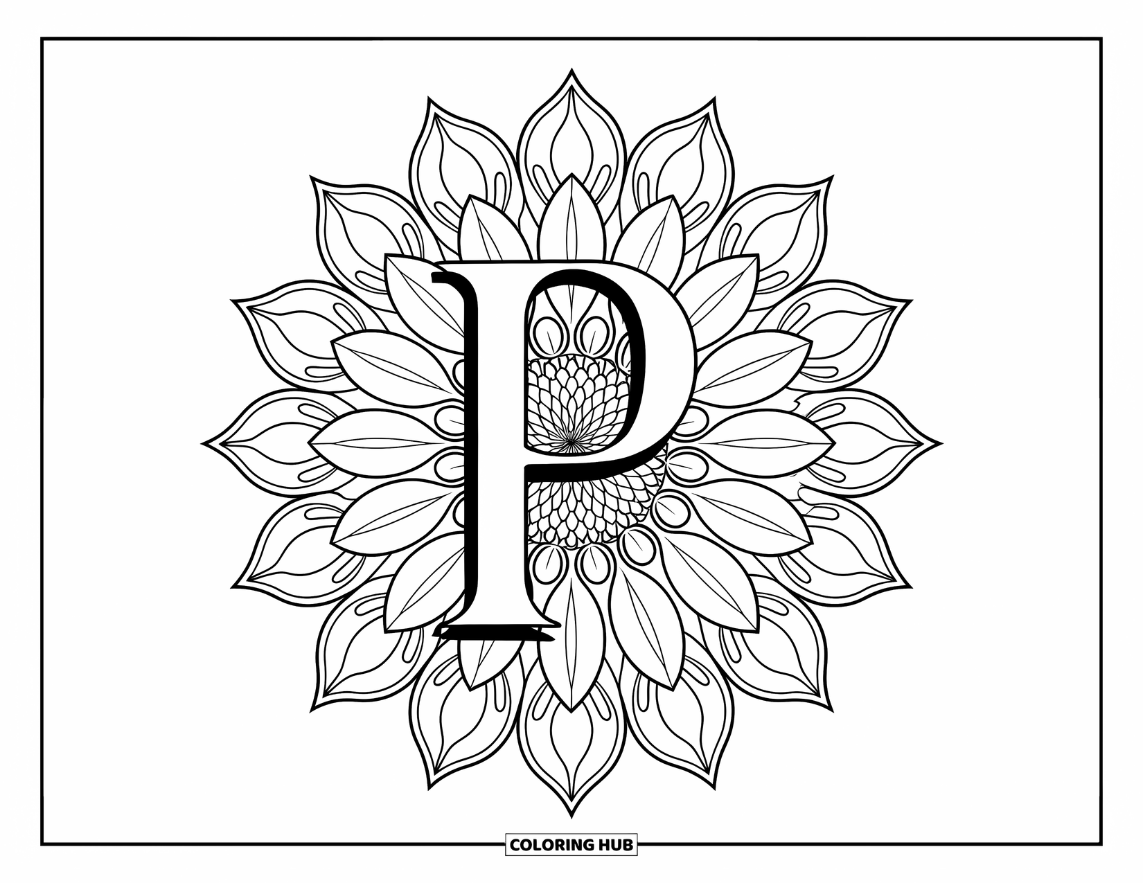 Letter P Coloring Page for Adults: A classic letter P sits inside sunflower-inspired mandala petals filled with detailed patterns