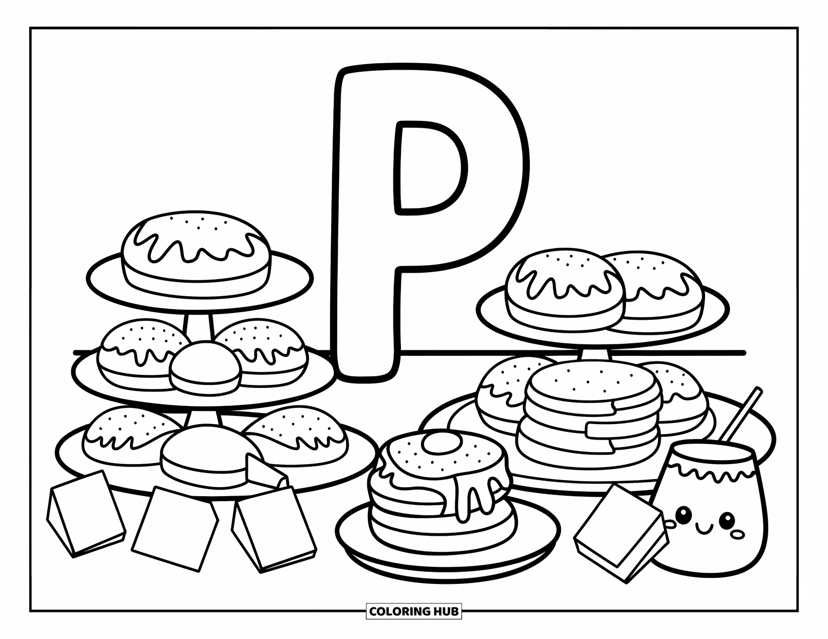 Letter P Coloring Page for Adults: A cozy pastry shop scene with letter P, frosting swirls, and trays of sweet treats