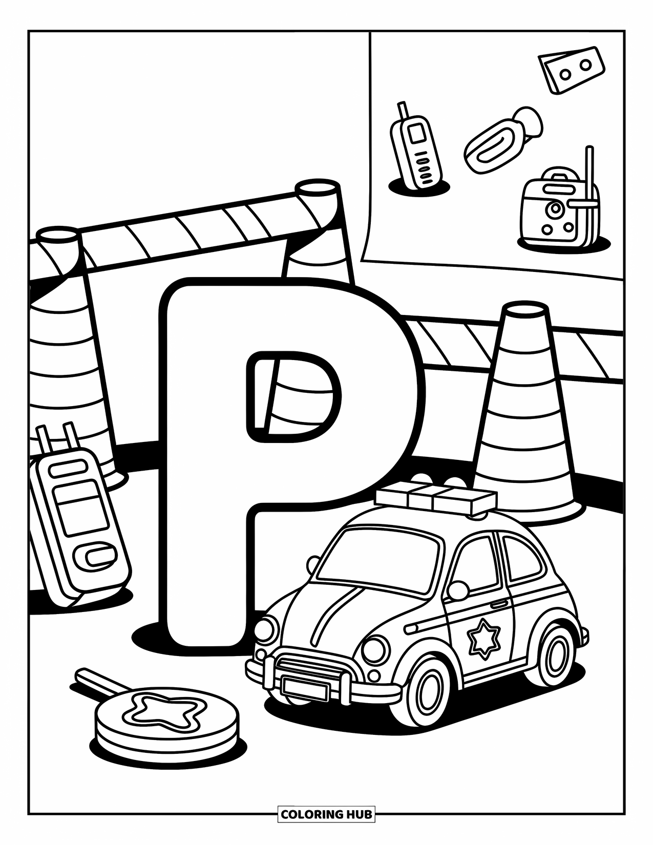 Letter P Coloring Page for Adults: A cozy police setup with letter P, pylons, a badge, and a mini poster board