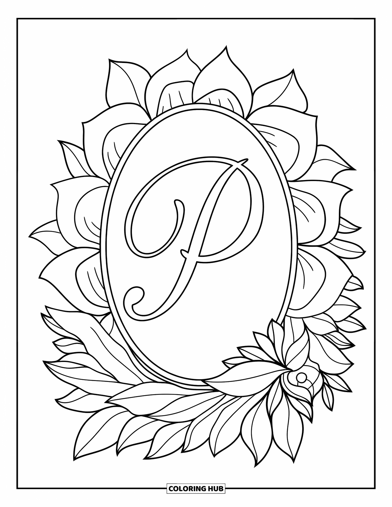 Letter P Coloring Page for Adults: A cursive letter P rests inside a swirly oval frame with petal and leaf details