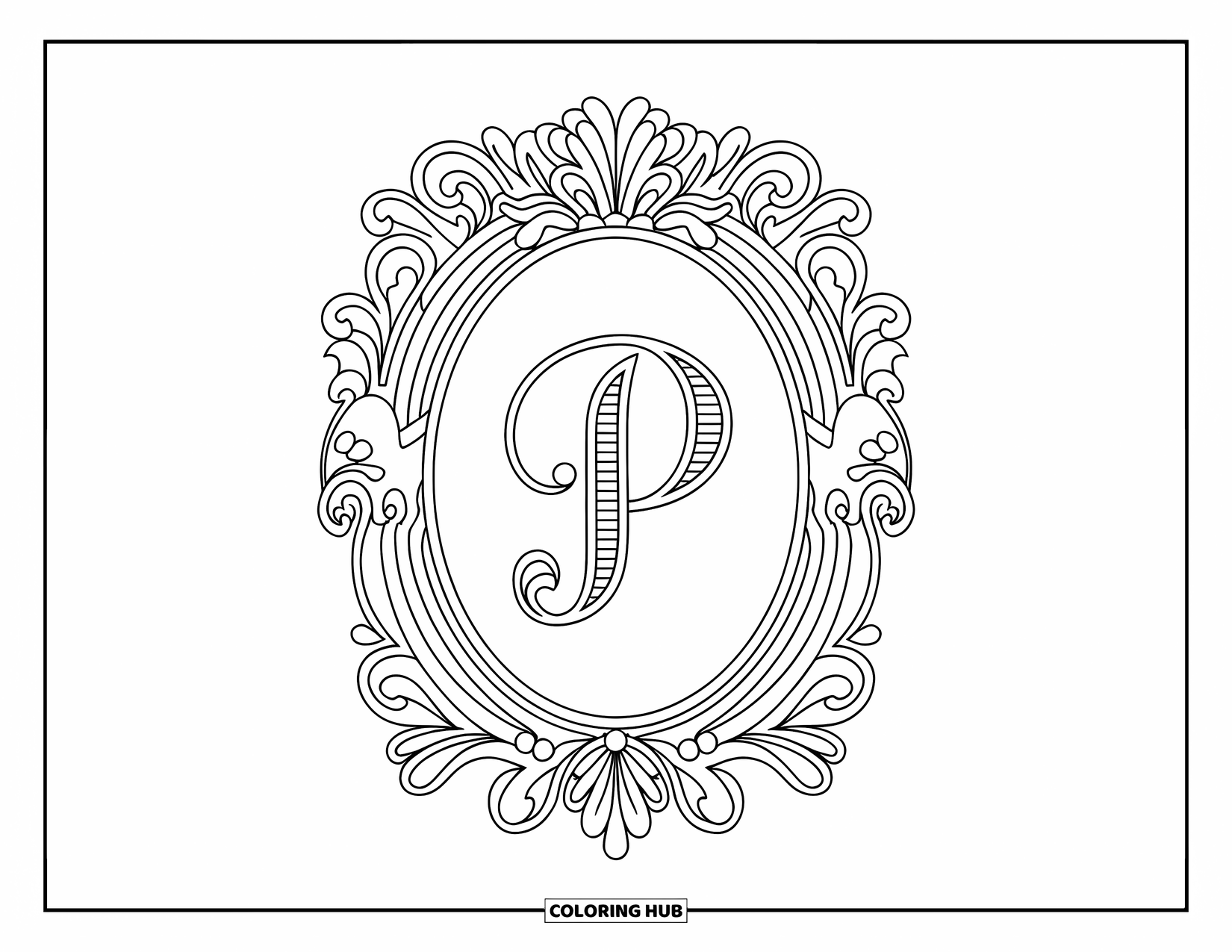 Letter P Coloring Page for Adults: A decorated P sits in the center of a baroque-style frame with scrolling flourishes