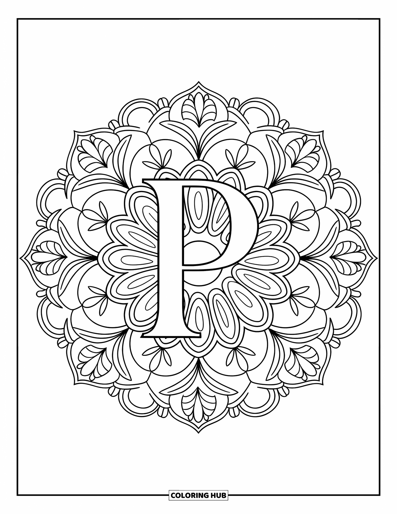 Letter P Coloring Page for Adults: A detailed mandala of leaves and paisleys wraps around a fancy P