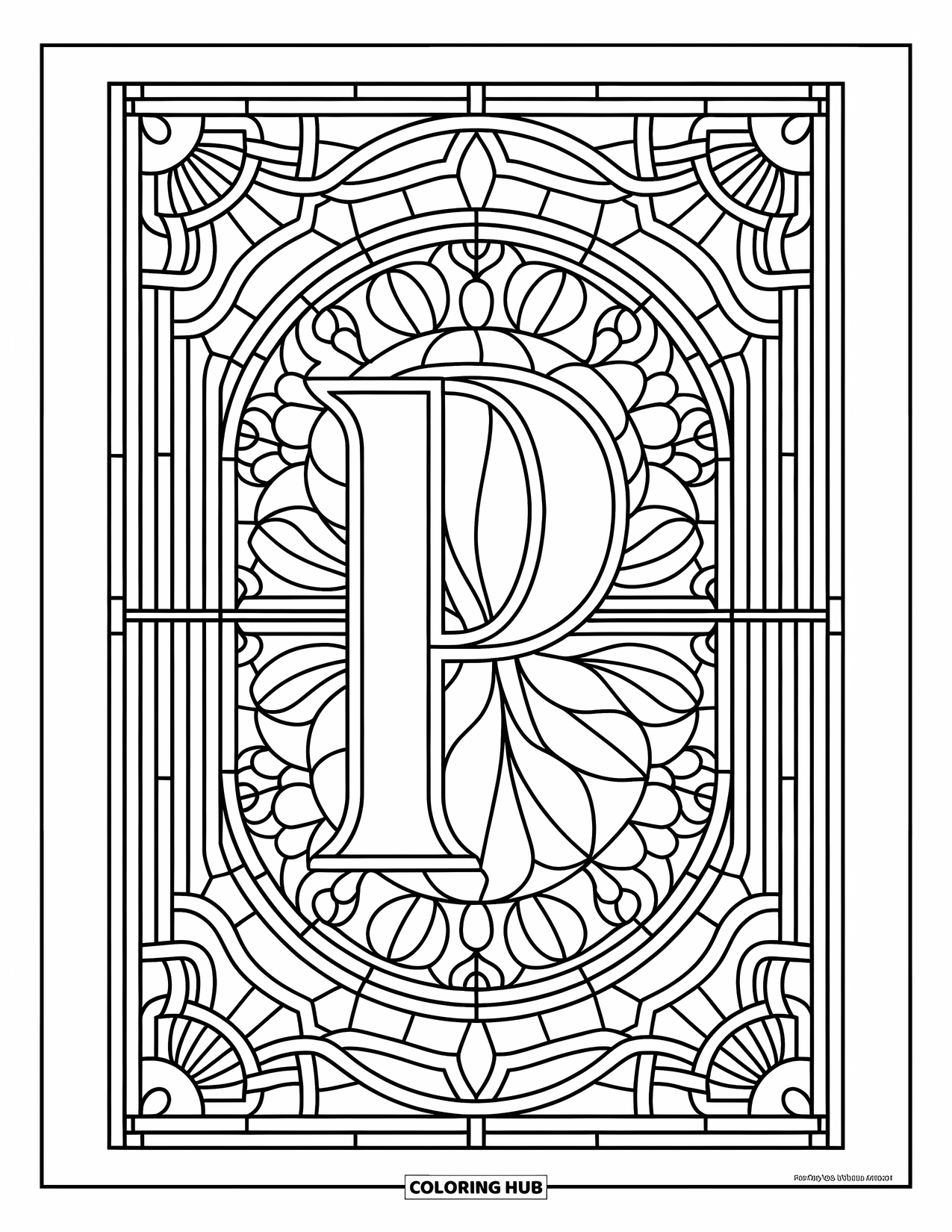 Letter P Coloring Page for Adults: A floral and geometric stained glass pattern surrounds a bold, decorative letter P
