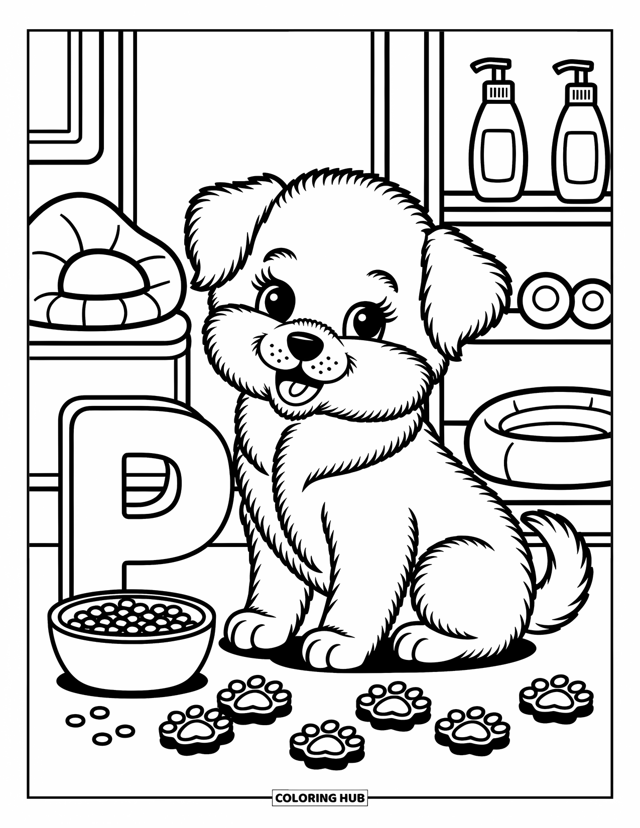 Letter P Coloring Page for Adults: A fluffy puppy sits near letter P inside a cozy pet shop