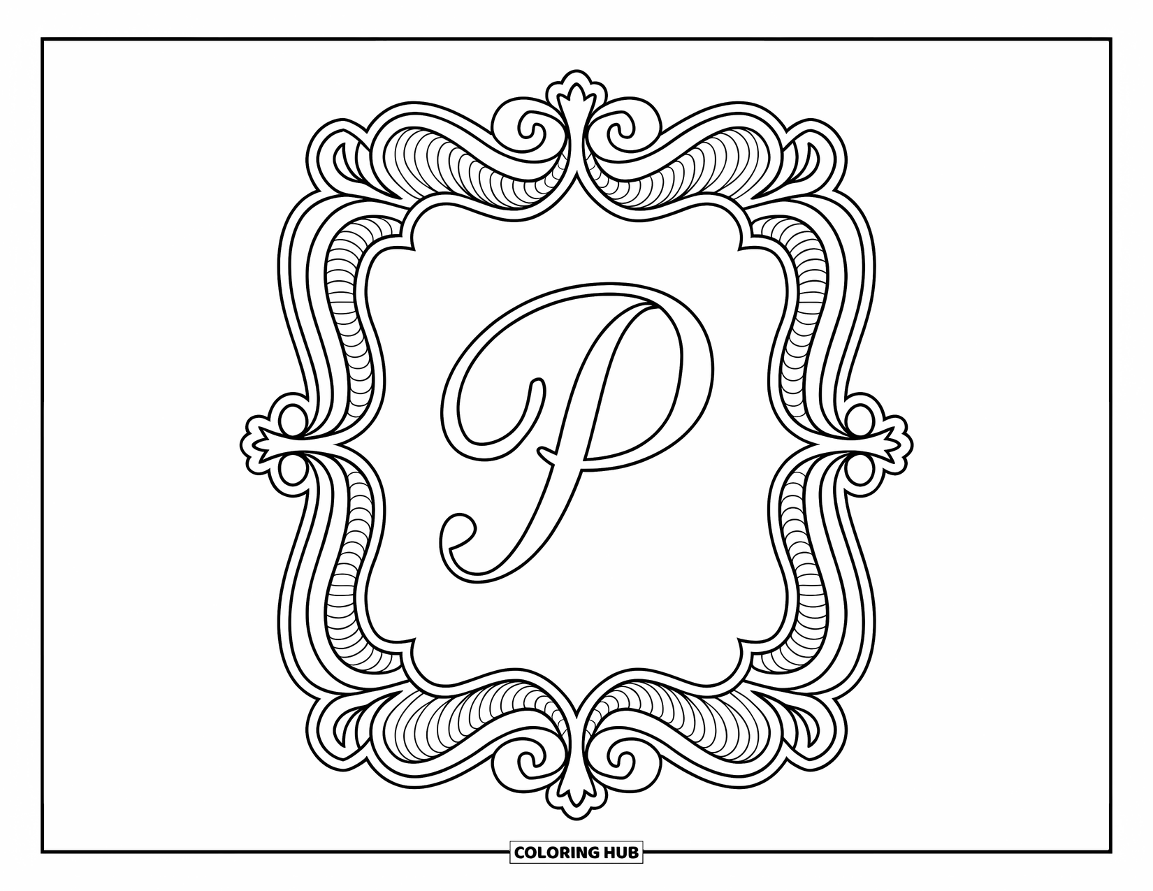 Letter P Coloring Page for Adults: A graceful letter P rests in a baroque frame filled with swirls and lace-like lines