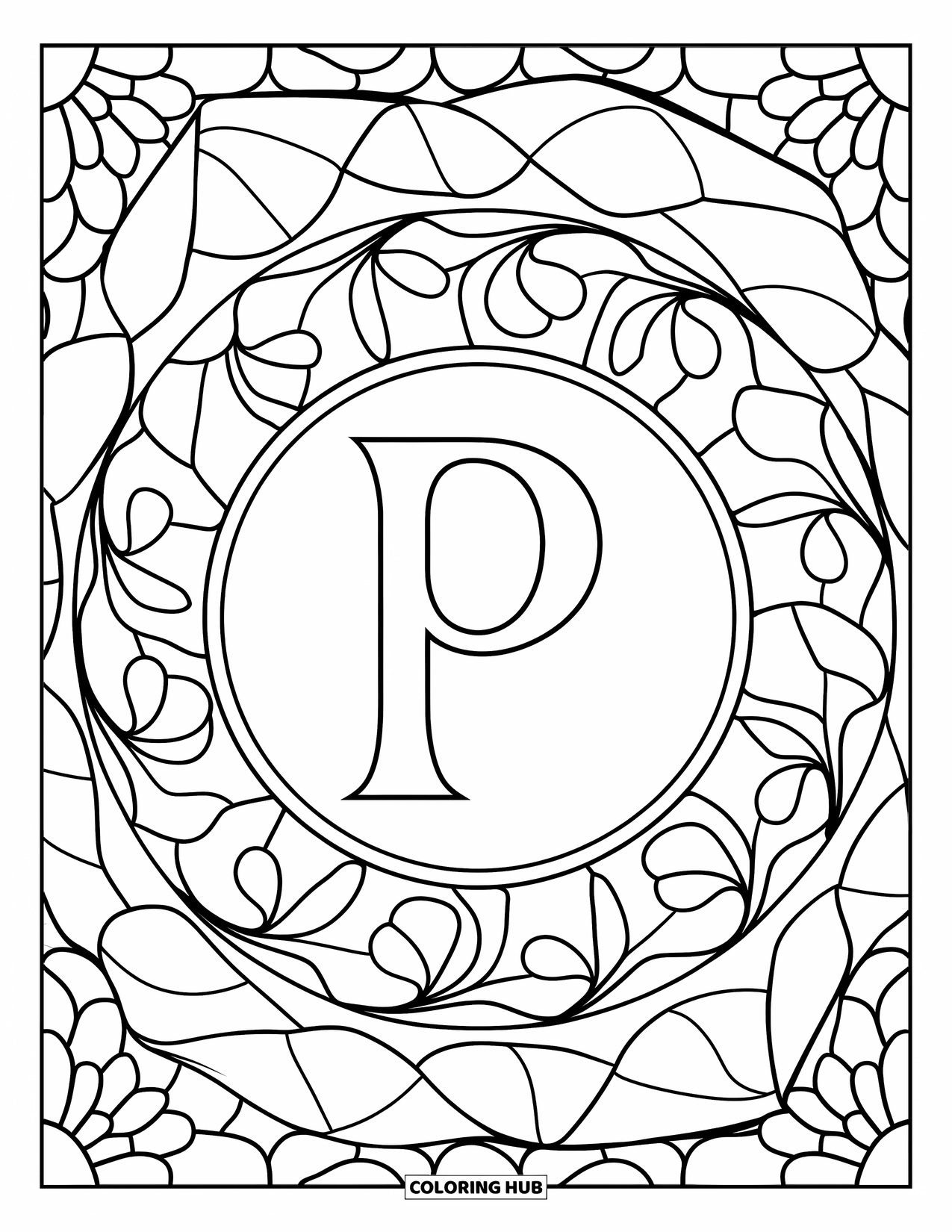 Letter P Coloring Page for Adults: A letter P is framed by stained glass-style curves and leafy mandala shapes