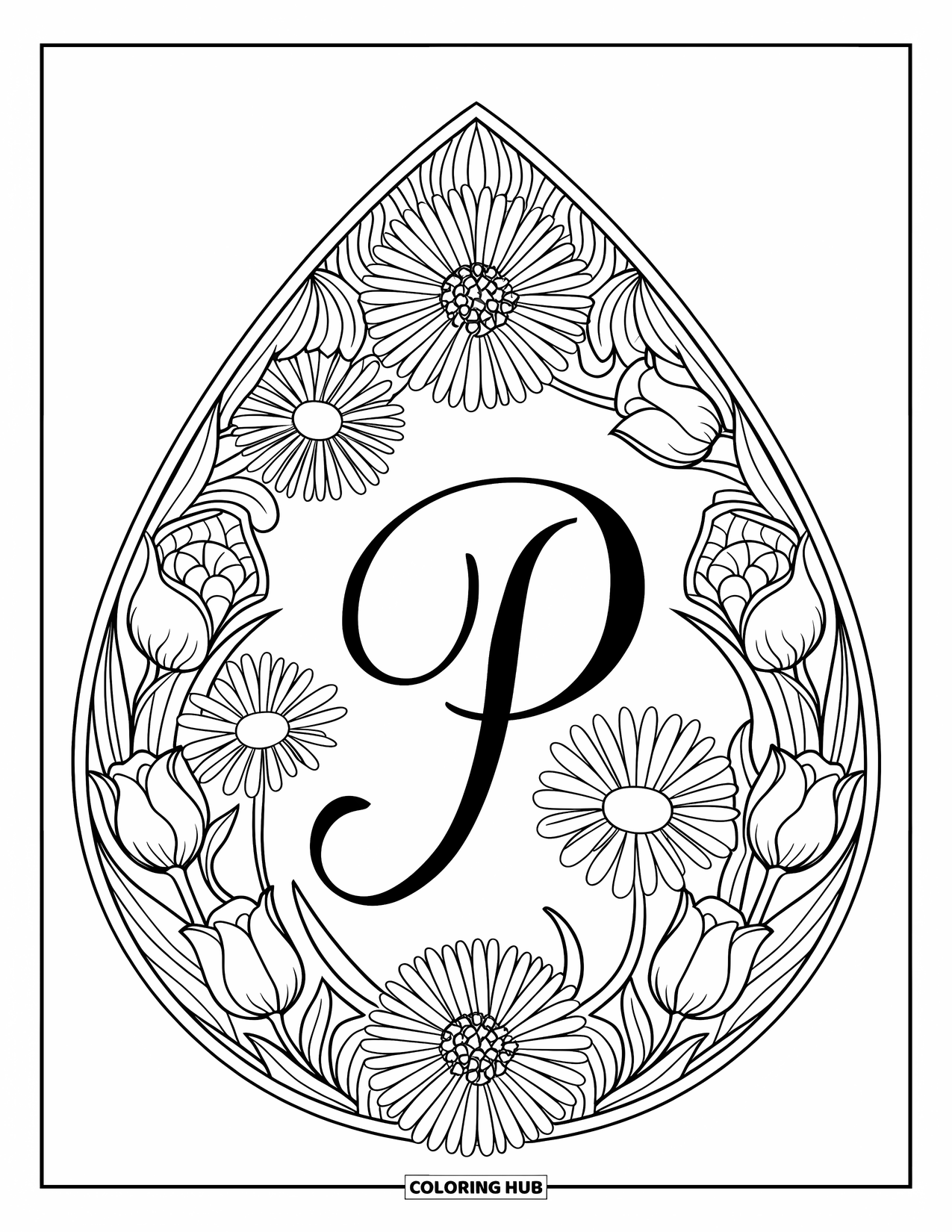 Letter P Coloring Page for Adults: A lovely P is tucked inside a detailed floral teardrop frame of daisies and tulips