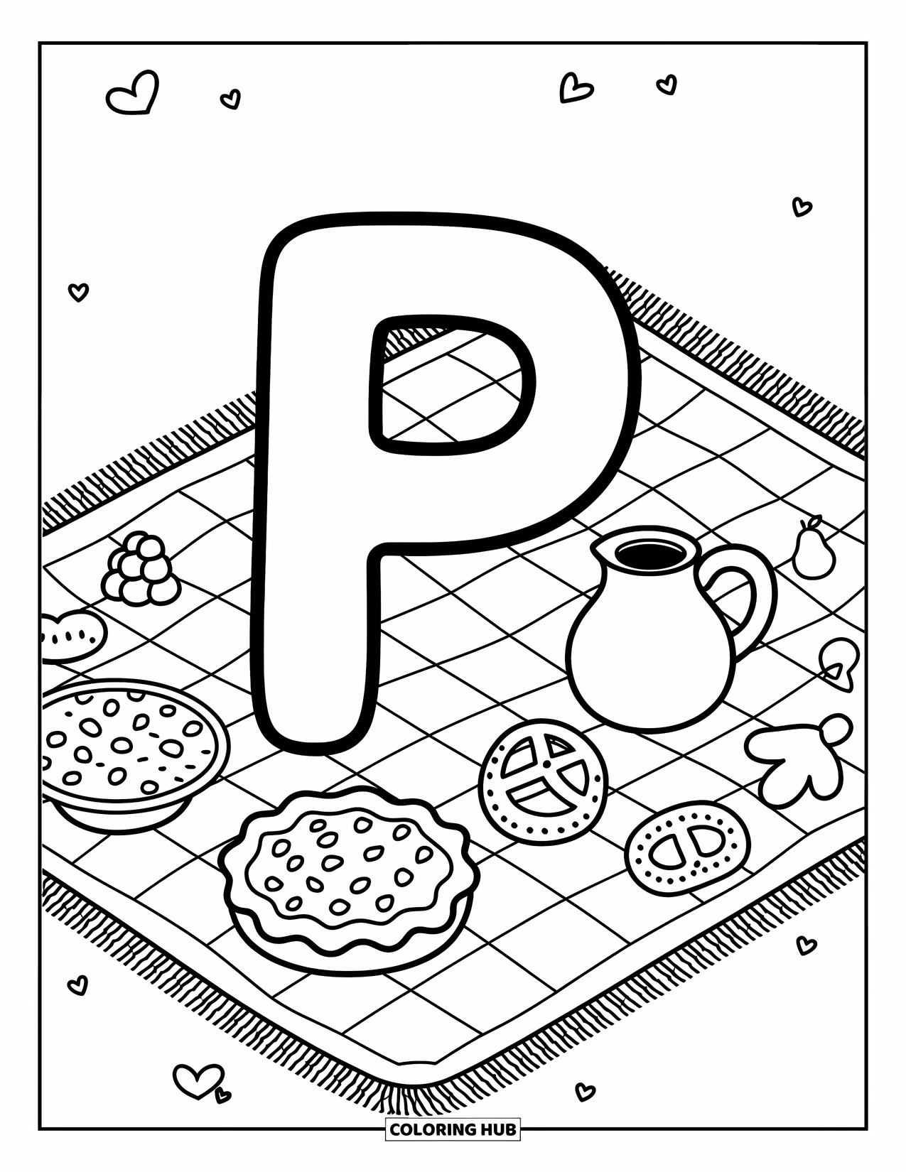 Letter P Coloring Page for Adults: A picnic blanket hosts letter P, sweet treats, and fluttering butterflies