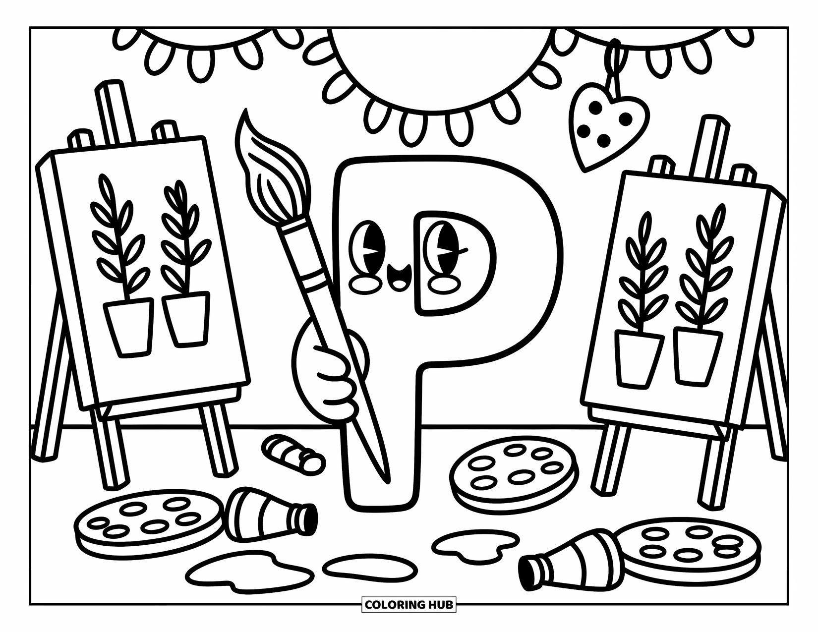 Letter P Coloring Page for Adults: A playful letter P paints in a cozy studio filled with swirls and tiny palettes