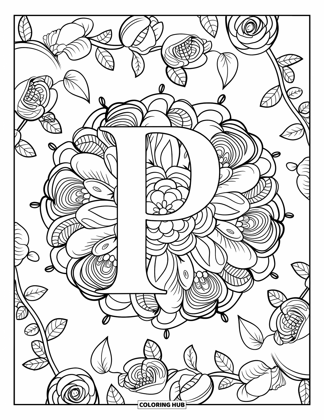Letter P Coloring Page for Adults: A rose-filled mandala with vines and petals beautifully frames a large uppercase P