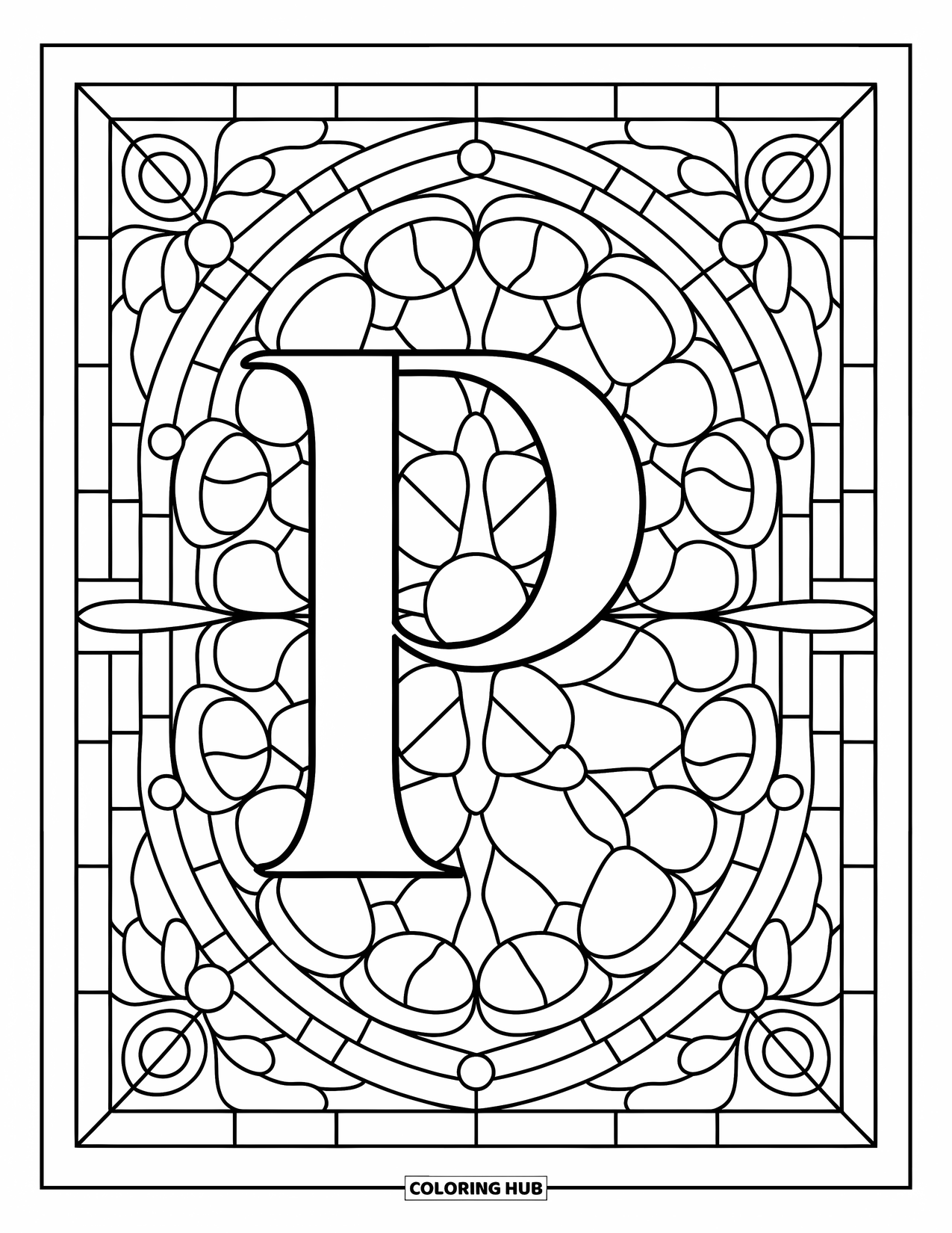Letter P Coloring Page for Adults: A stylized P glows within a symmetrical stained glass design full of elegant patterns