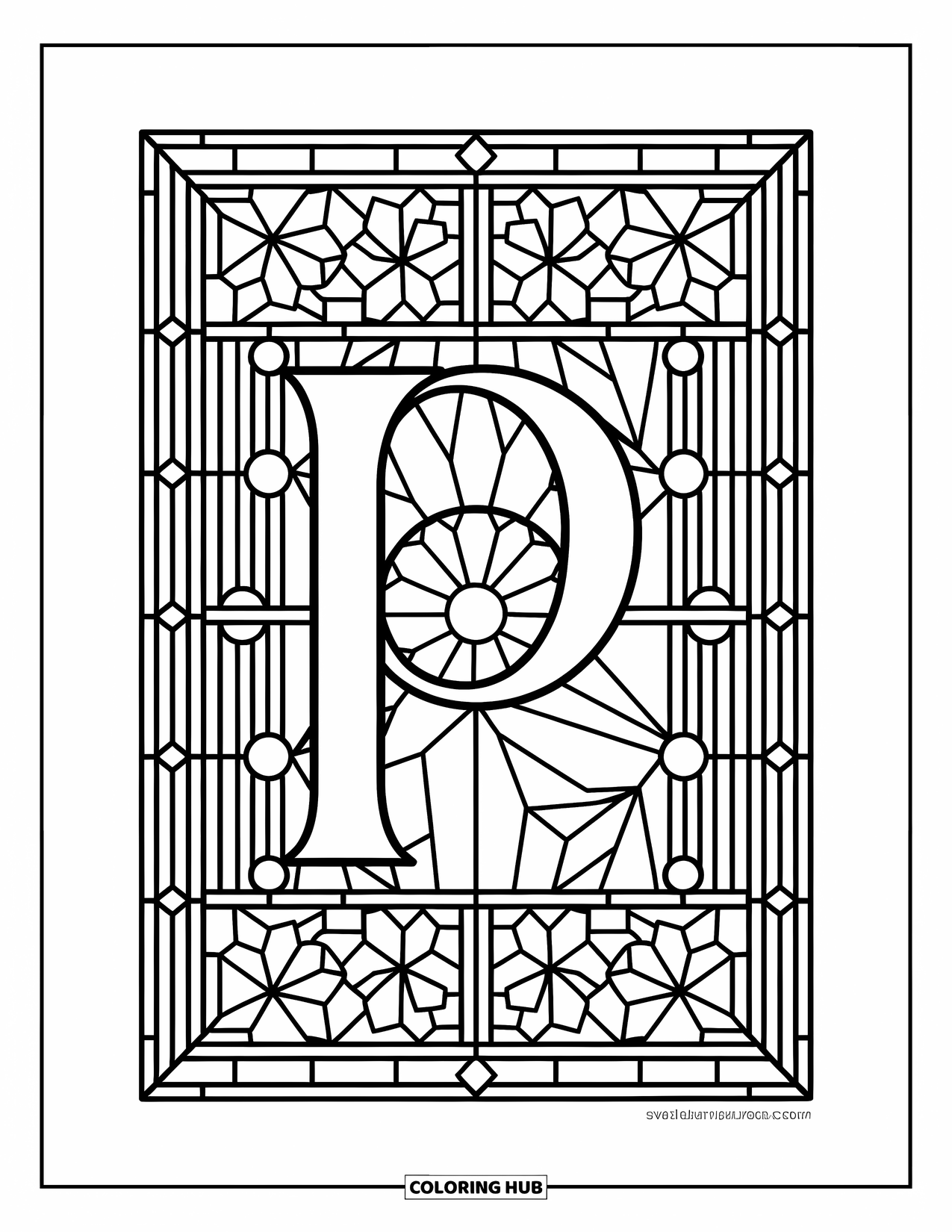 Letter P Coloring Page for Adults: A symmetrical stained glass design frames a stylized P with floral and geometric details
