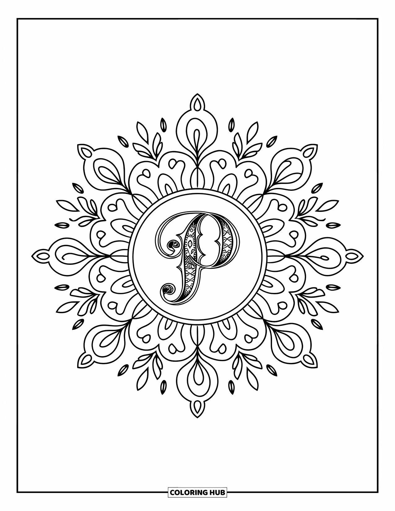 Letter P Coloring Page for Adults: An elegant P is surrounded by tiny mandala flourishes of petals, leaves, and paisleys