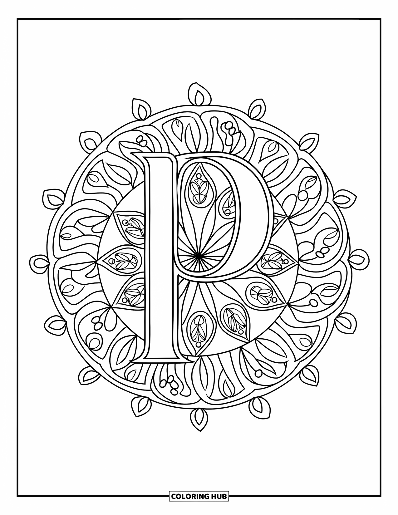 Letter P Coloring Page for Adults: An ornate letter P blooms in the center of a mandala filled with soft, leafy shapes