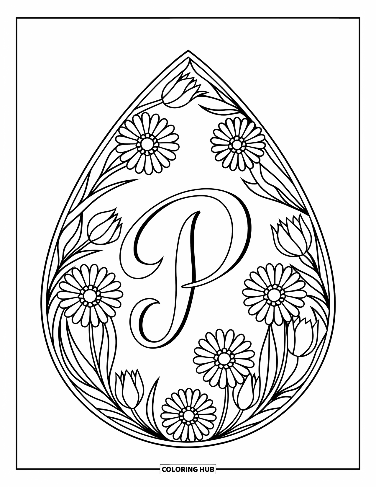 Letter P Coloring Page for Adults: Daisies and tulips form a teardrop mandala around a beautiful calligraphy-style letter P