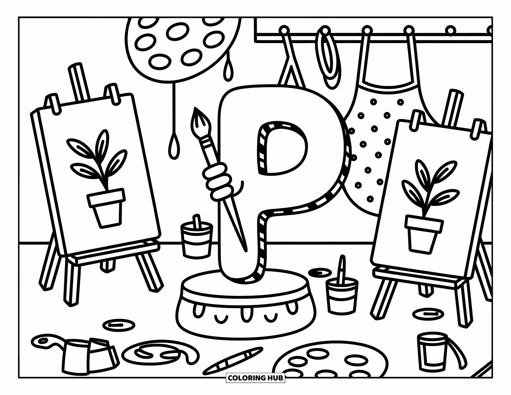 Letter P Coloring Page for Adults: In a cozy studio, P paints happily beside swirly tubes and plant-filled canvases