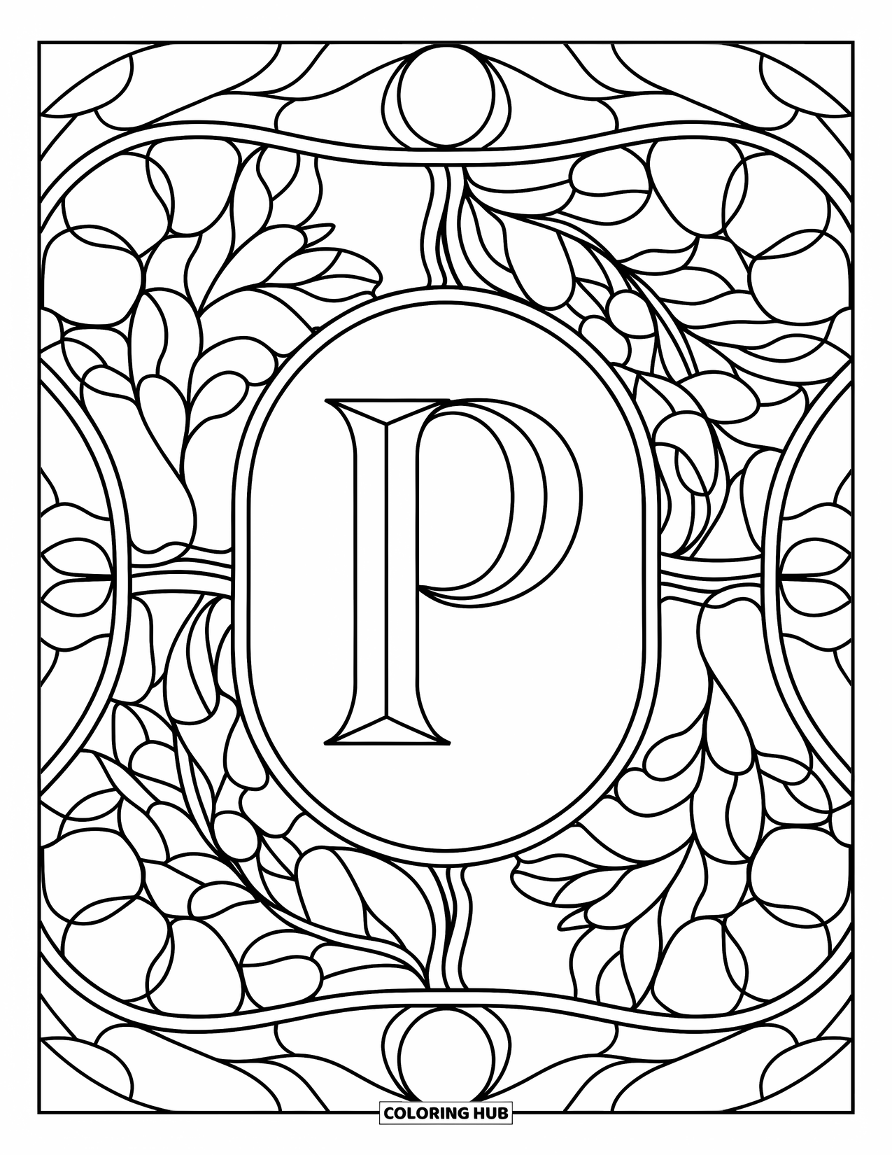 Letter P Coloring Page for Adults: Leafy stained glass shapes wrap around a centered P in this peaceful mosaic design