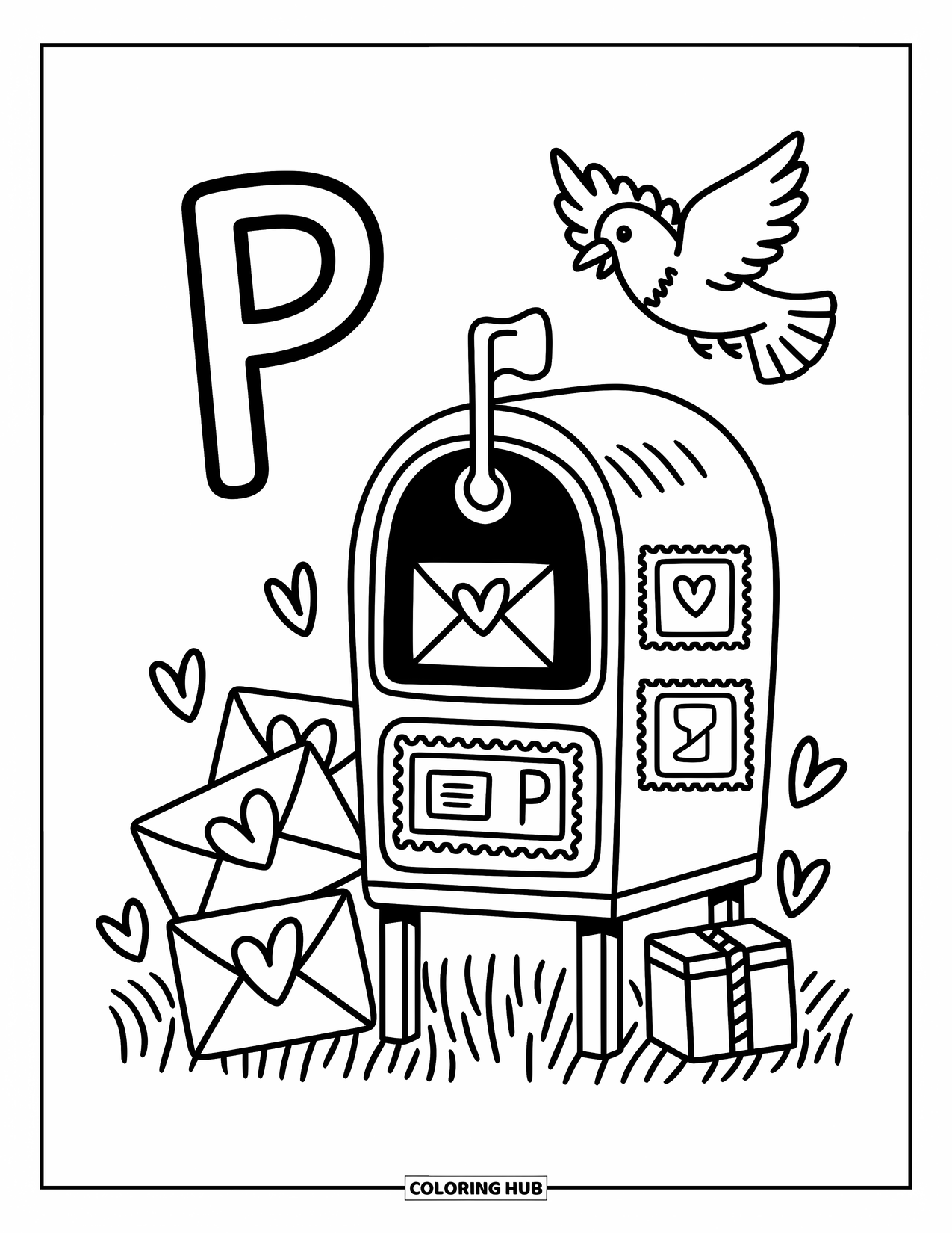 Letter P Coloring Page for Adults: Letter P and a mailbox share the scene with floating letters and a happy pigeon