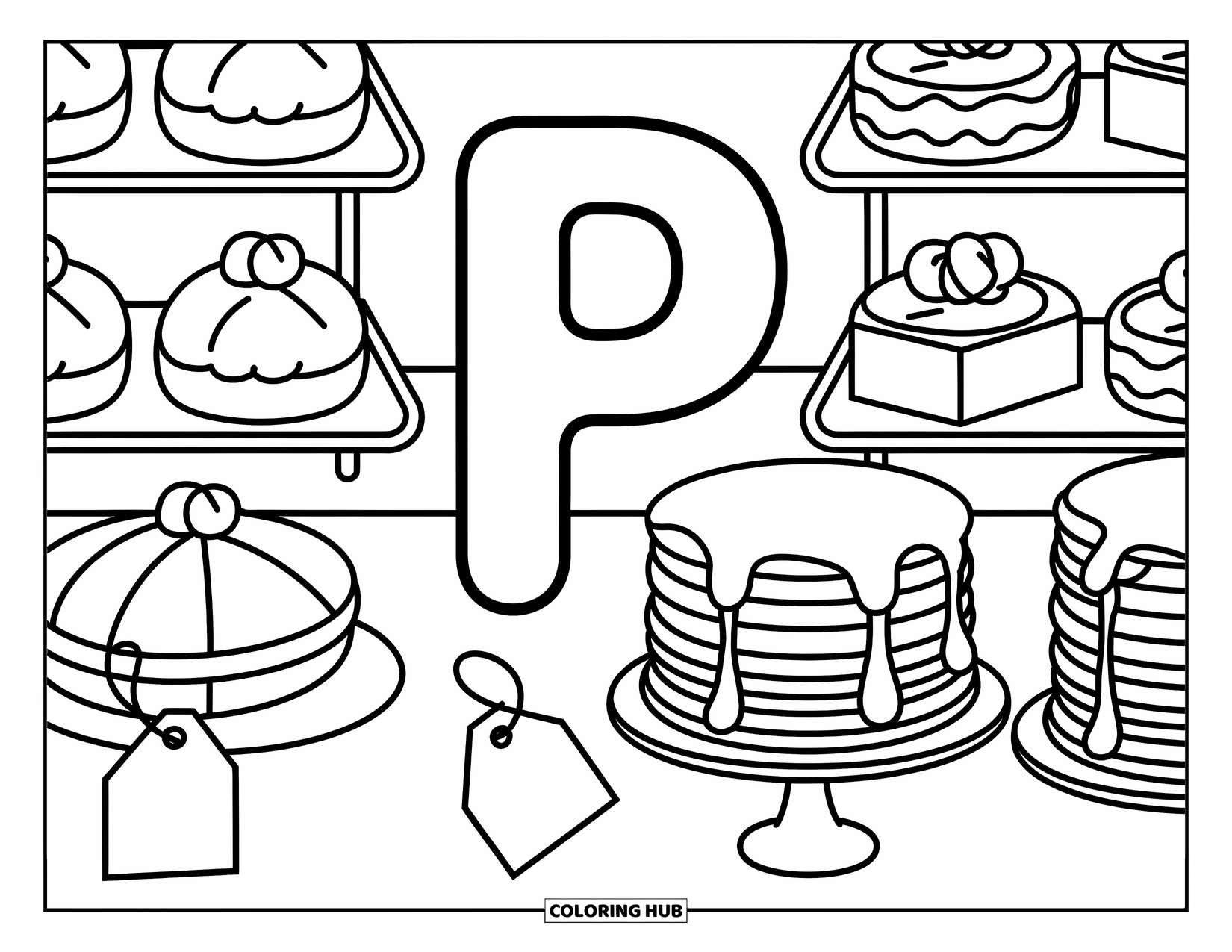 Letter P Coloring Page for Adults: Letter P serves pastries behind a counter filled with pie, pancakes, and frosting bags