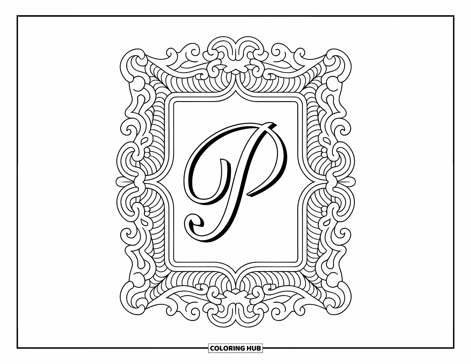 Letter P Coloring Page for Adults: Letter P sits elegantly inside a baroque frame of curls and delicate ornamental scrolls