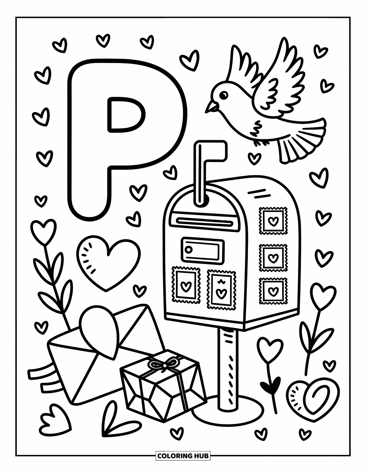 Letter P Coloring Page for Adults: Letter P stands near a tiny mailbox with heart-stamped envelopes and a flying pigeon